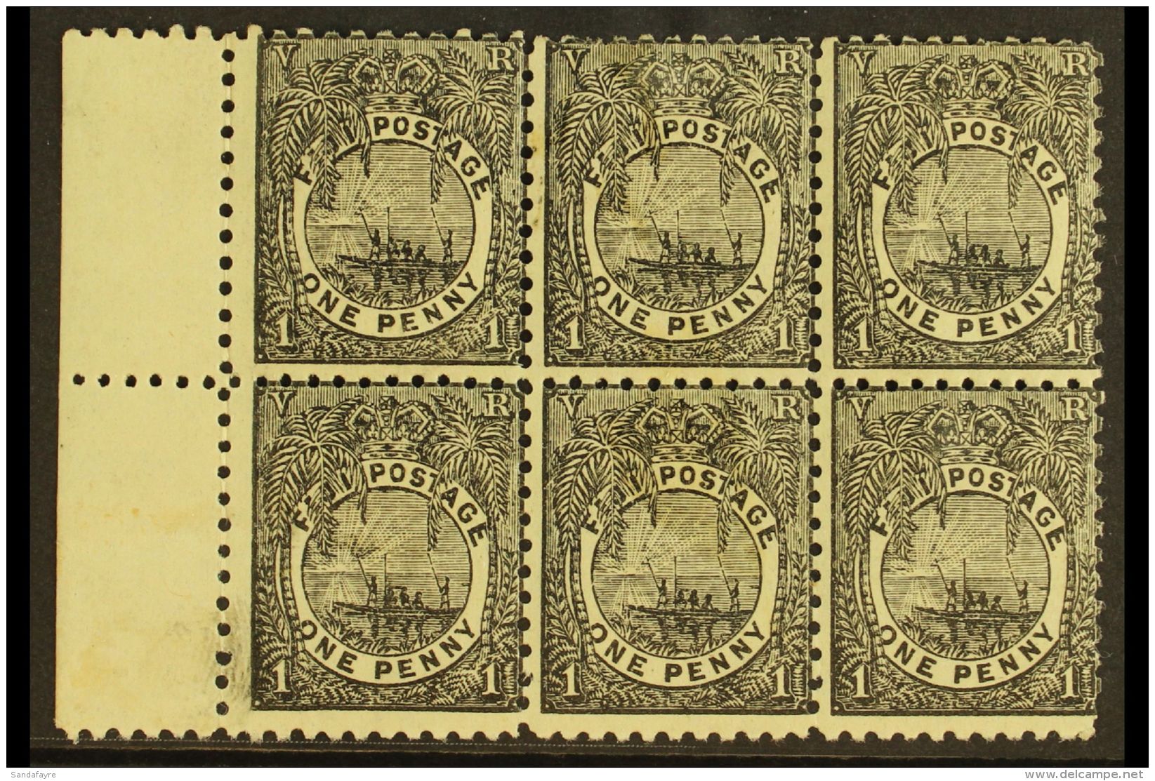 1891-98 MULTIPLE 1d Black Perf 11, SG 87, Fine Mint Marginal Block Of 6 With Most Stamps Being Never Hinged (1... - Fidji (...-1970)