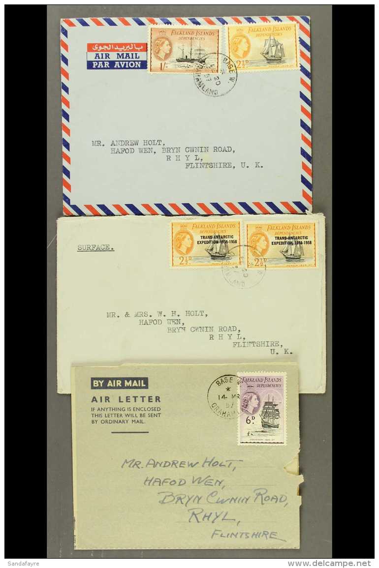 1957 "BASE W" COVERS. A Group Of Three Commercial Covers (two Airmail And One Surface Mail) Addressed To The... - Falkland