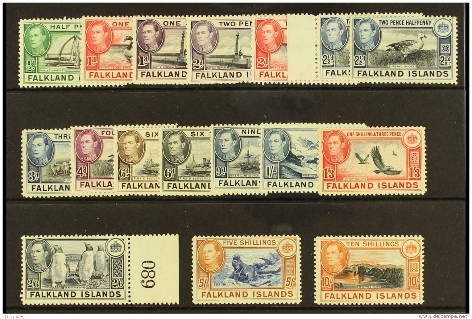1938-50 Definitives Complete Basic Set From &frac12;d To 10s, SG 146/162, Very Fine Mint, The 2s6d Is Never Hinged... - Falkland