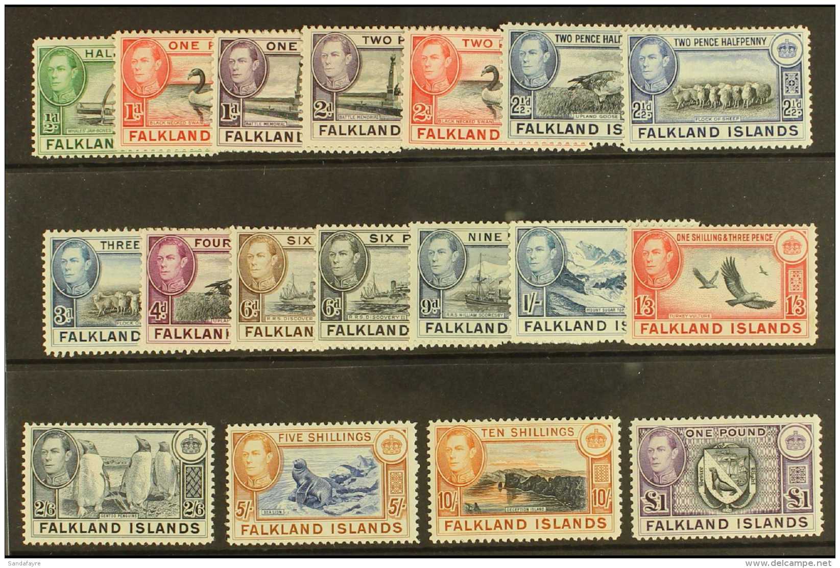 1938-50 Complete Definitive Set, SG 146/163, Fine Mint. (18 Stamps) For More Images, Please Visit... - Falkland