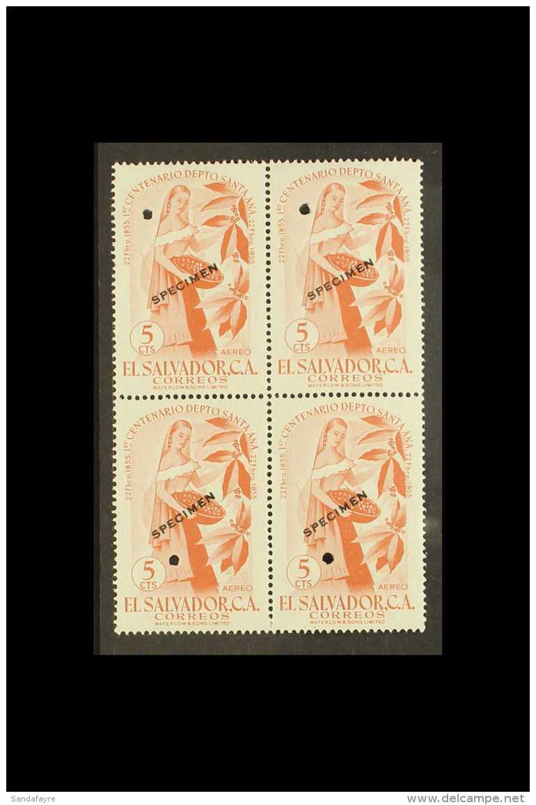 1956 5c Centenary Of Santa Ana Air, SG 1096, Sc C168, Never Hinged Mint Block Of 4, Each Stamp With "SPECIMEN... - Salvador