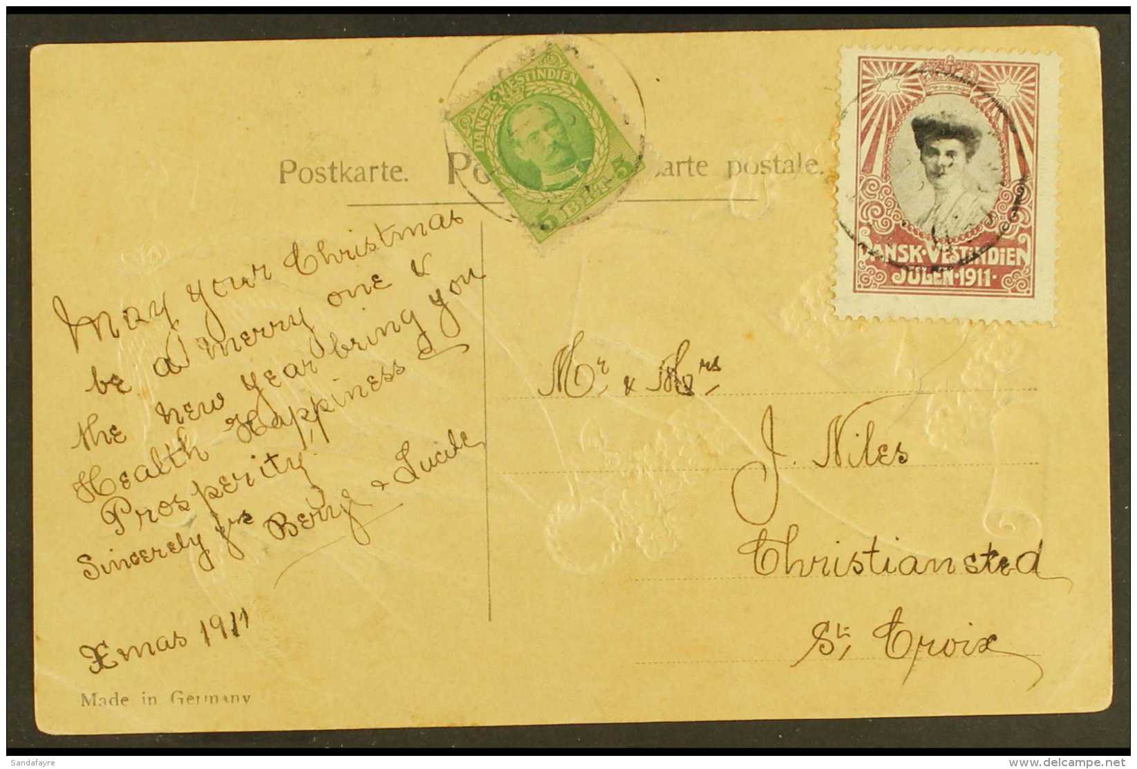 1911 CHRISTMAS SEAL USED ON POSTCARD 1911 Locally Addressed Embossed "Good Wishes" Postcard Bearing 5b Green... - Danish West Indies