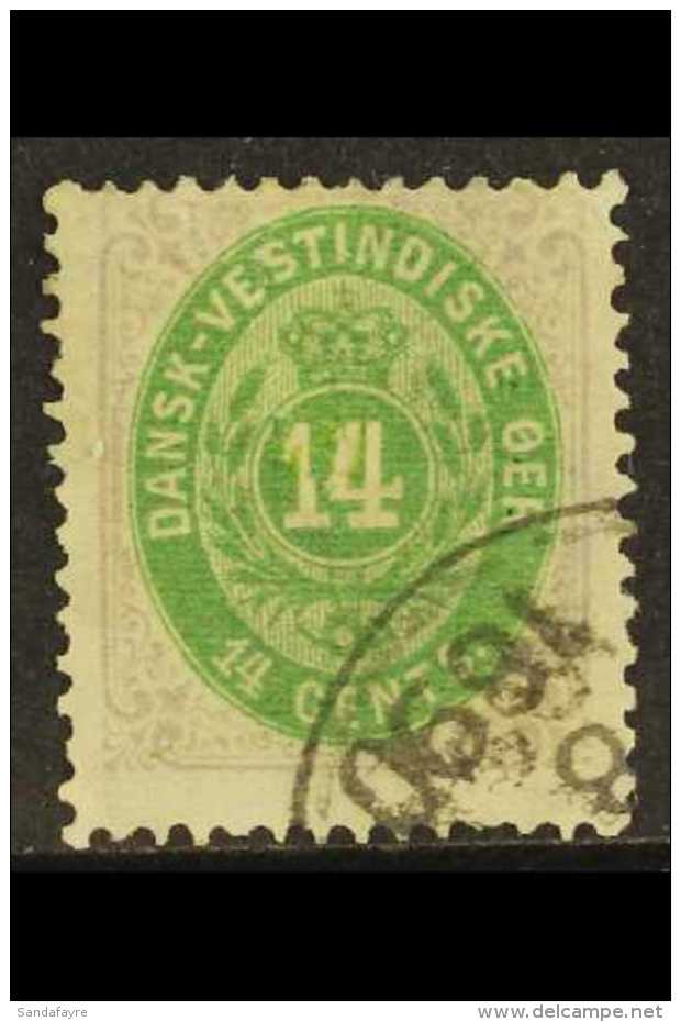 1873-1902 14c Green &amp; Lilac 14x13&frac12; (Facit 12, SG 28), Fine Used, Fresh &amp; Scarce, Cat &pound;1,600.... - Dänisch-Westindien