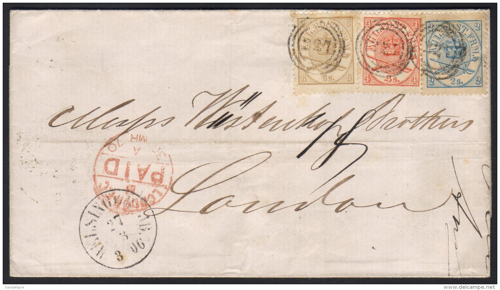 1870 27 Mar) Envelope To London Bearing A Spectacular Three - Colour Franking Of The 1864-70 2sk Blue, 4sk... - Autres & Non Classés