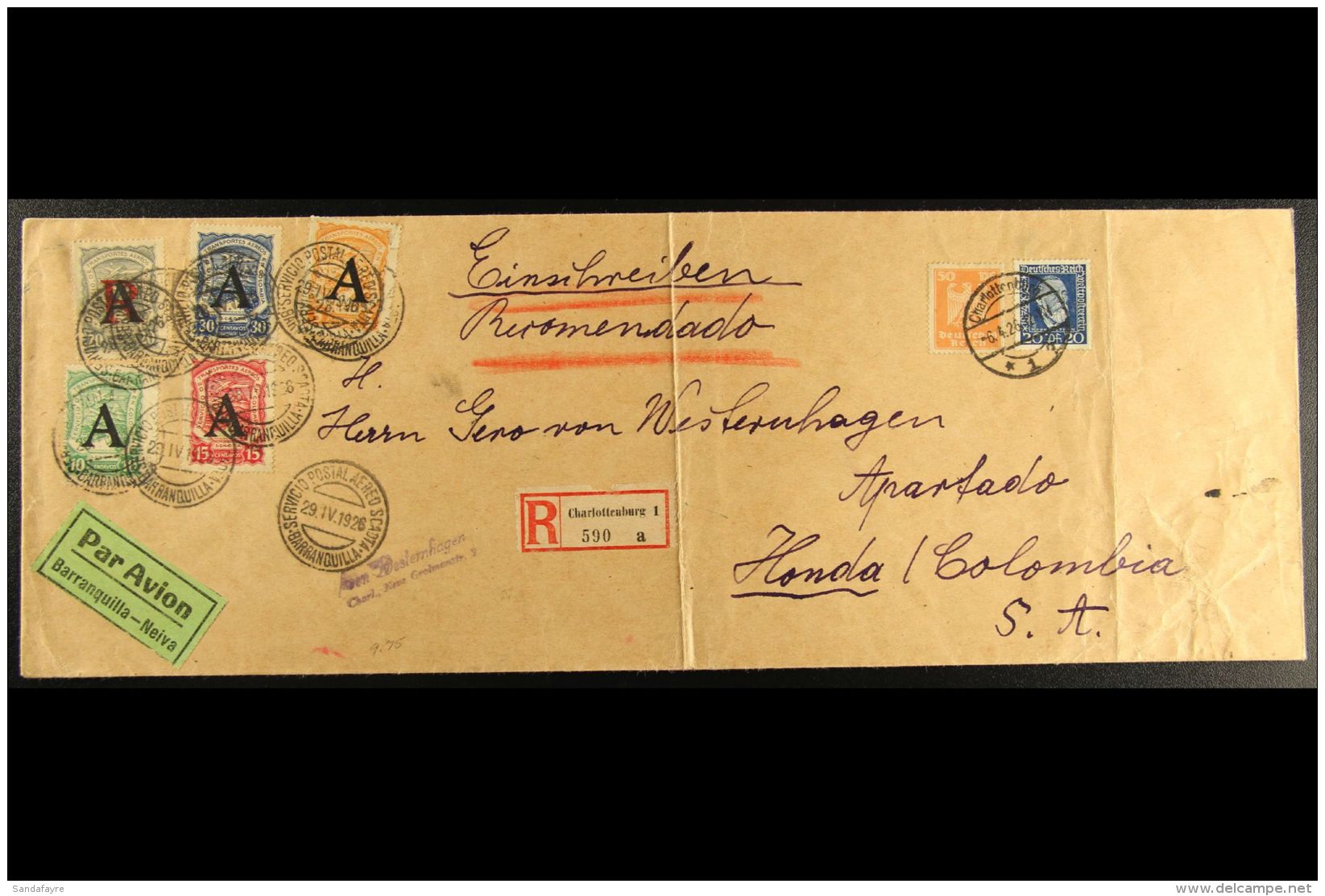 SCADTA 1926 (6 Apr) Large Registered Cover From Germany To Honda, Bearing Germany 20pf &amp; 50pf Tied By... - Colombie