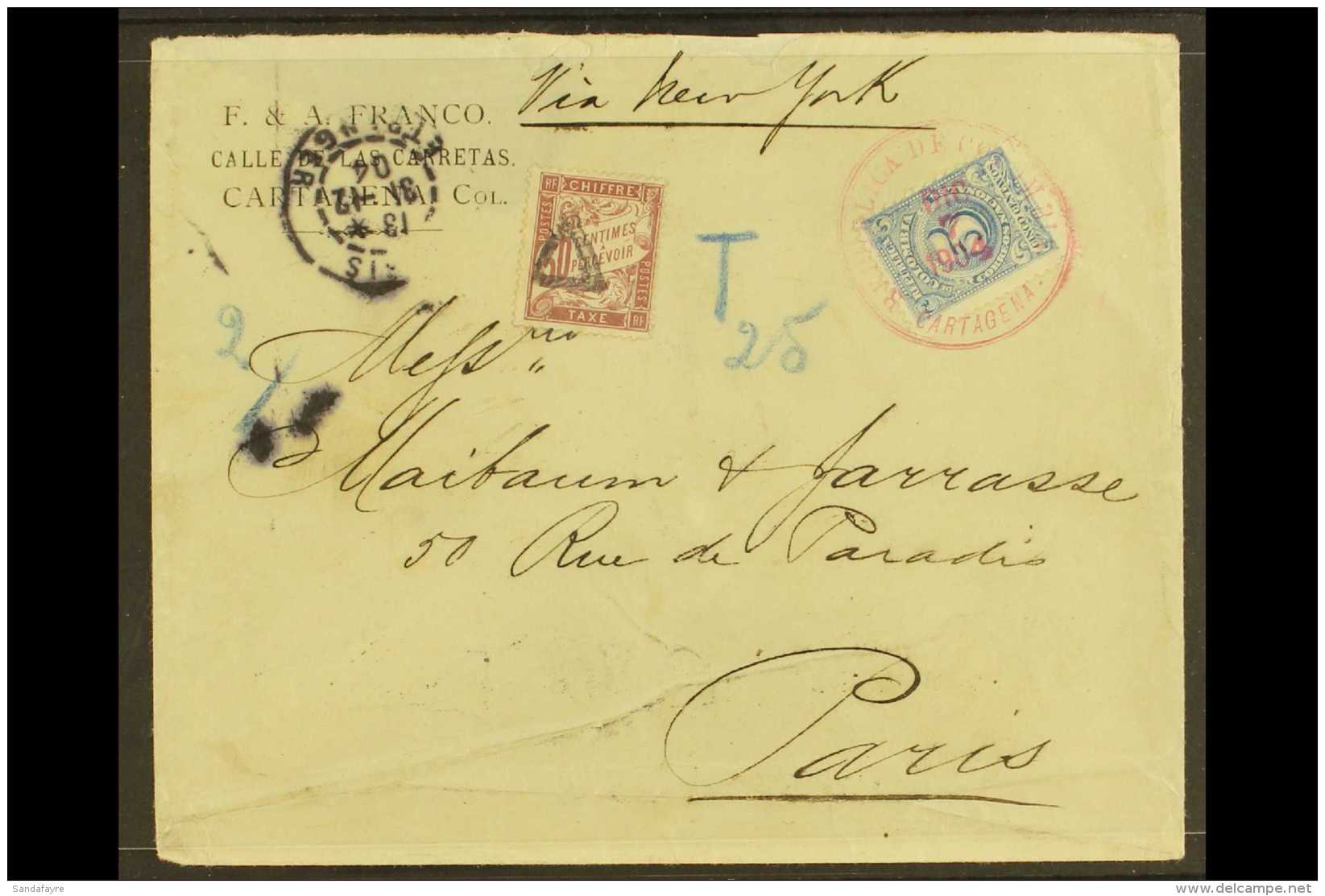 1904 POSTAGE DUE COVER TO PARIS Bearing 5c Blue Tied By "REPUBLICA DE COLOMBIA / CARTAGENA" Cds In Red Of DIC 7,... - Colombia