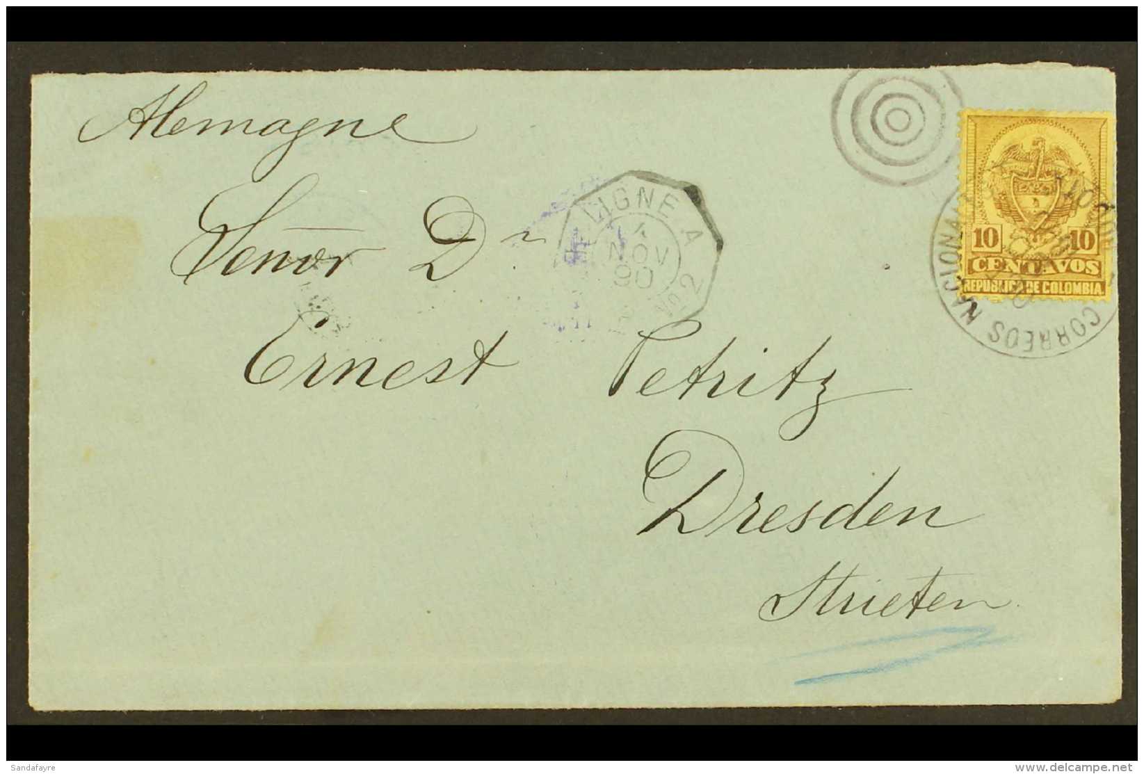 1890 COVER TO GERMANY Bearing 1890-91 10c Brown On Yellow Tied By Fine "CORREOS NACIONALES BOGOTA / OTT 20, 1890" ... - Colombie