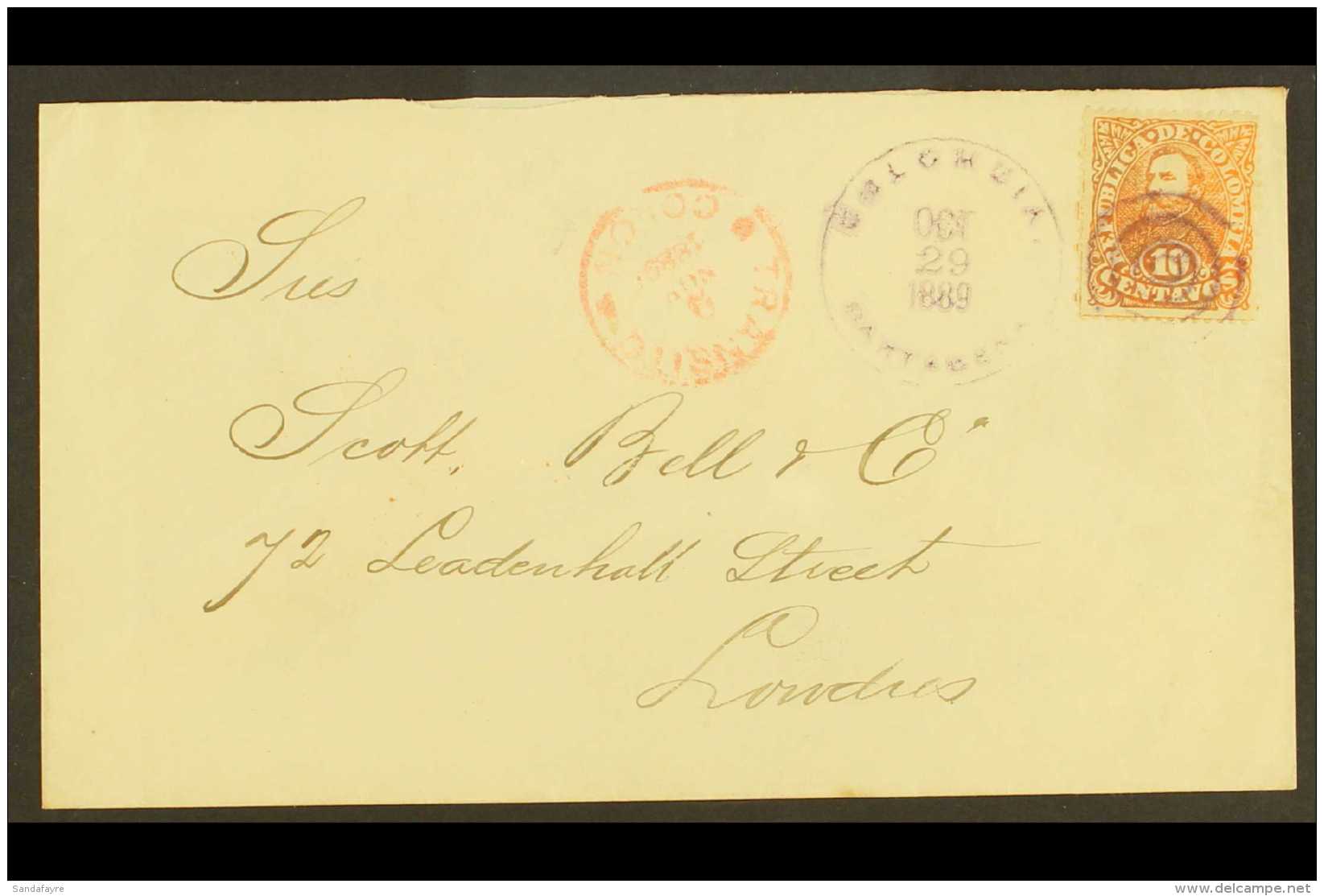 1889 COVER TO ENGLAND Bearing 1886 10c Orange Tied By Cartegena Violet Duplex Of OCT 29, 1889, Red "TRANSITO /... - Colombie