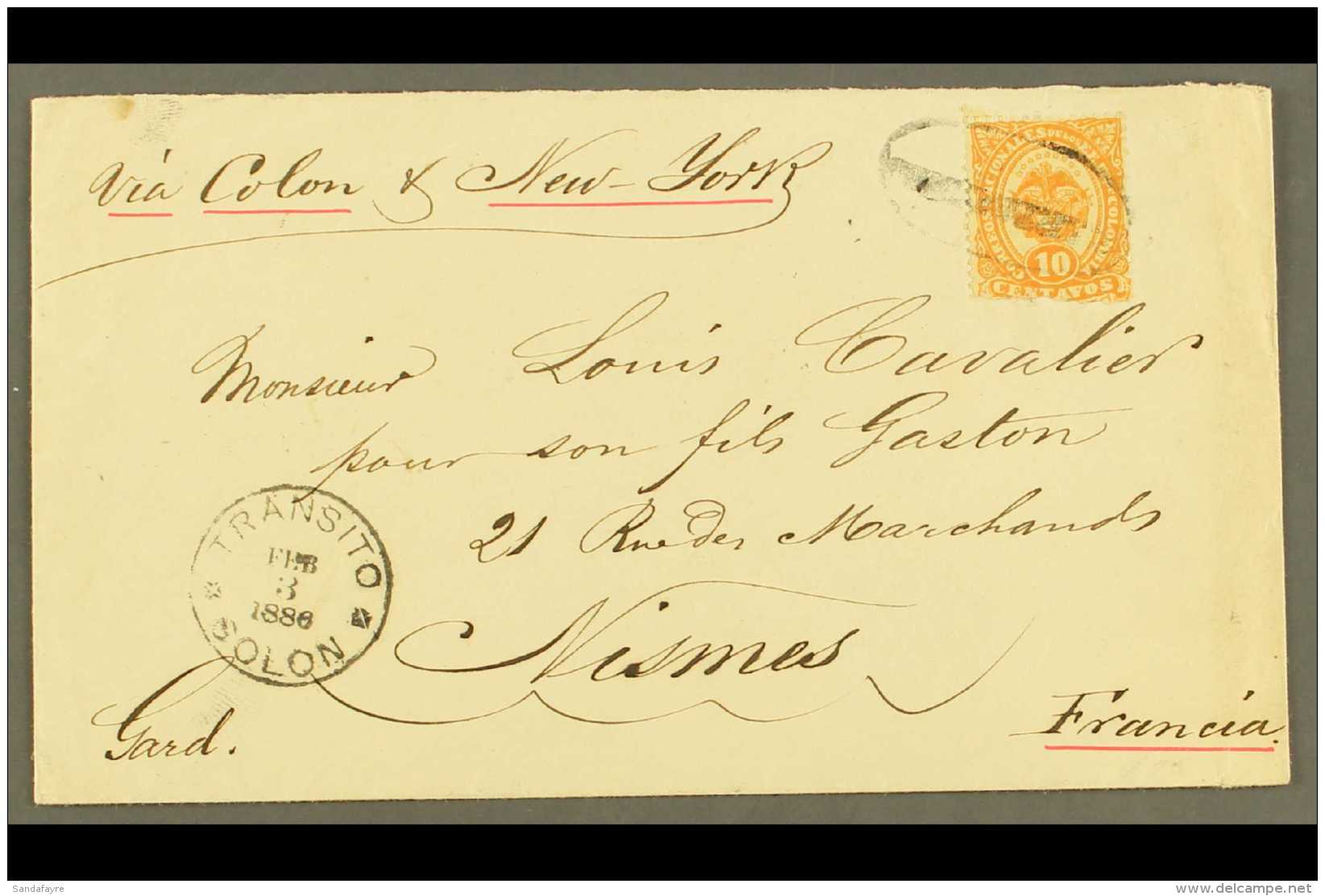 1886 COVER TO FRANCE Bearing 1883 10c Toed By Blurred "MEDELLIN" Oval Cancel With Scarce "TRANSITO / COLON" Very... - Colombie