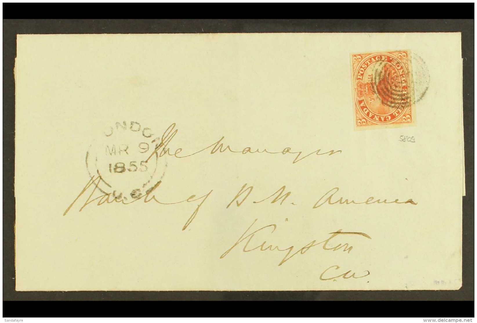 1855 (9 Mar) Wrapper From London (Ontario) To Kingston (Ontario) Bearing A Lovely 1852 3d Red With 4 Margins, Tied... - Sonstige & Ohne Zuordnung