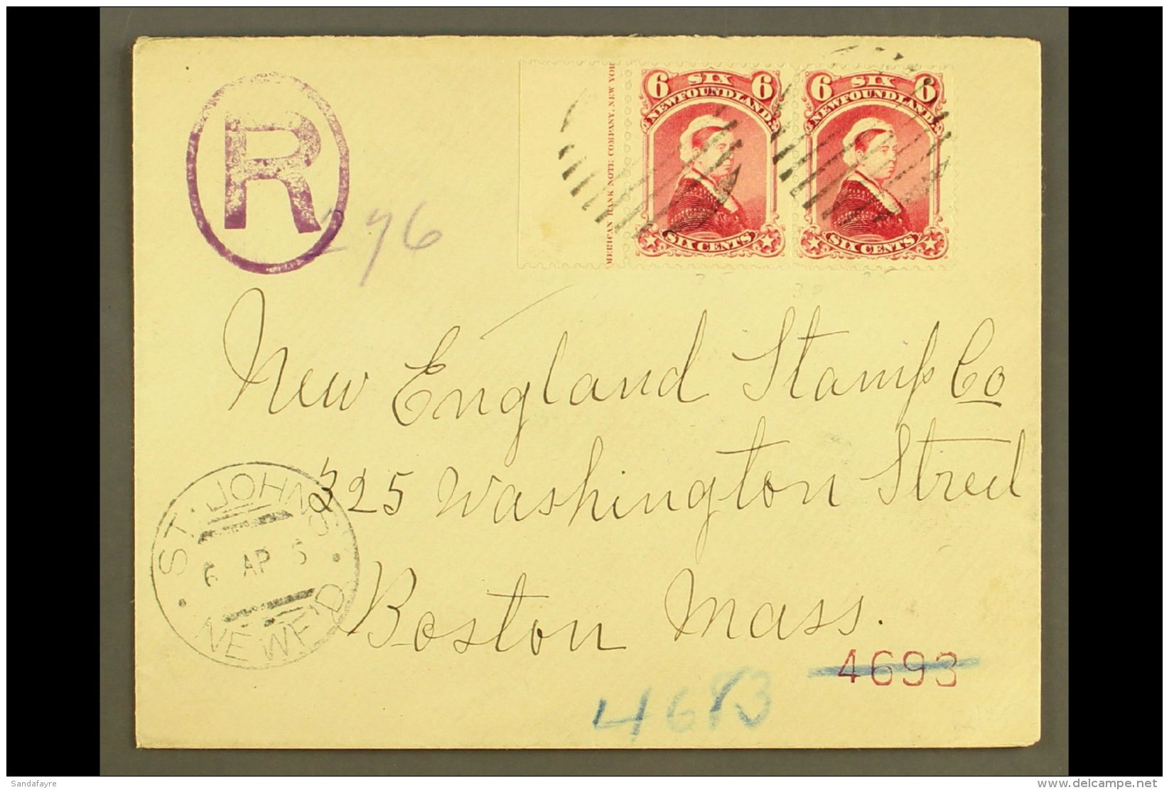 1895 Registered Cover From St Johns To Boston Franked Inscription Margin Pair 1894 6c Crimson Red, Tied By Barred... - Autres & Non Classés
