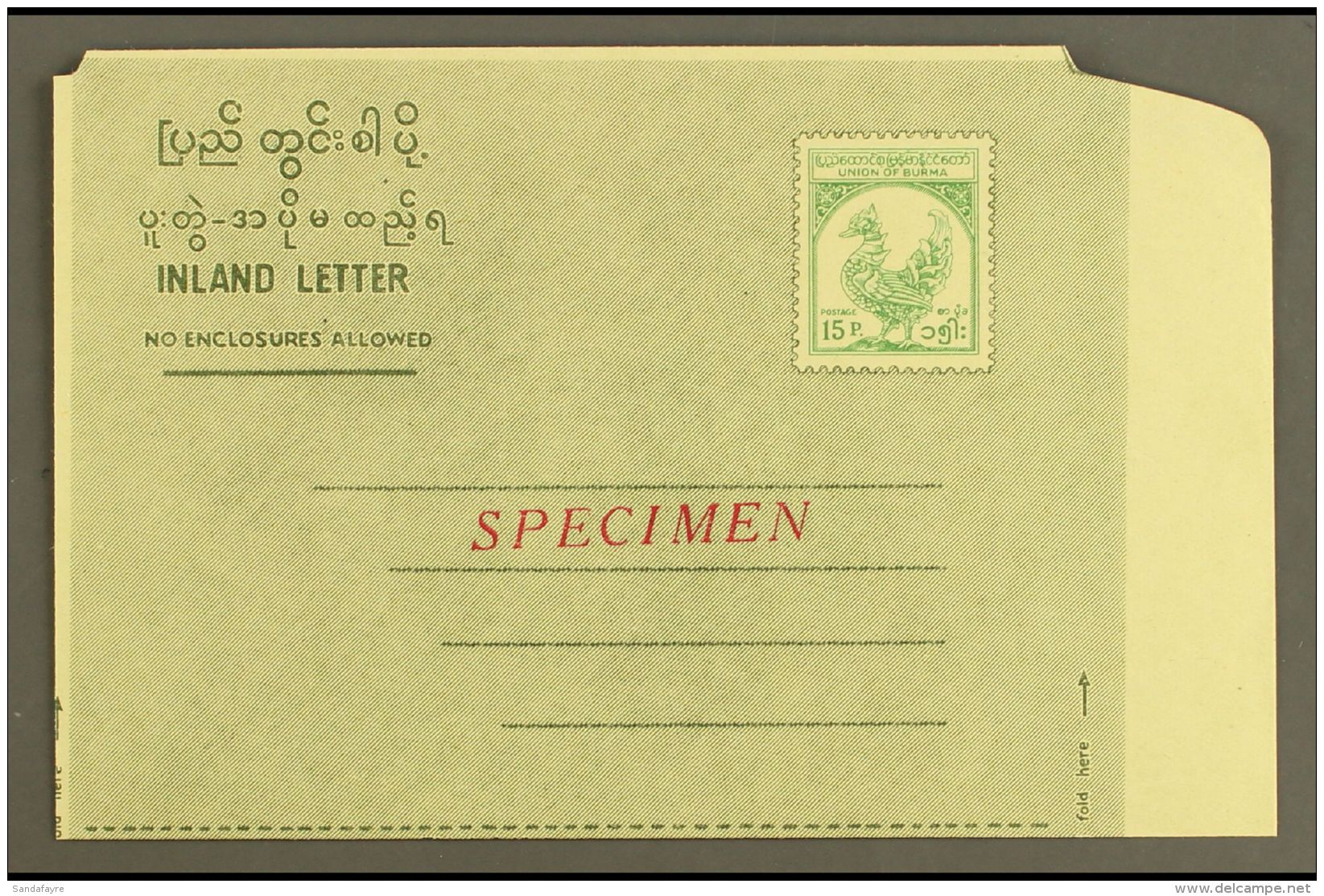 1965 15p Green On Buff "Mythical Bird" Letter Sheet (H&amp;G G3) With Red "SPECIMEN" Overprint, Fine Unused.... - Birmanie (...-1947)