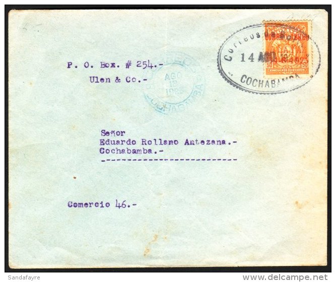 1925 AIRMAIL (14 Aug) La Paz To Cochabamba, Envelope Bearing 50c Orange With "Correo Aereo A La Paz 14-8-1925"... - Bolivie