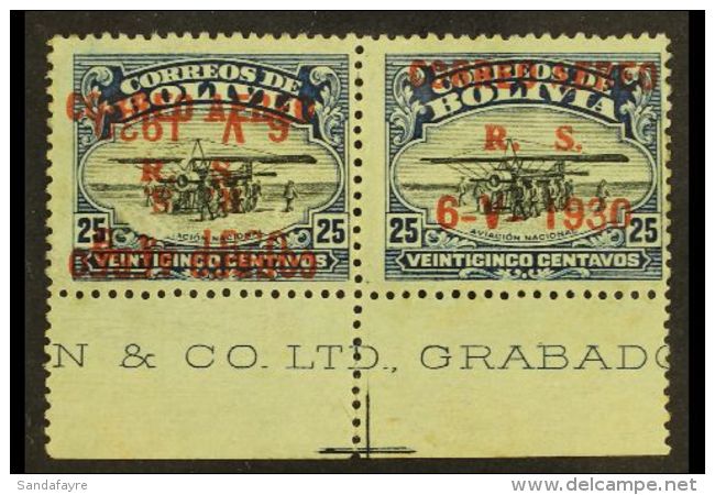 130 25c Dark Blue &amp; Black Air Graf Zeppelin "Correo Aereo" Horizontal PAIR, ONE WITH DOUBLE OVERPRINT ONE... - Bolivie