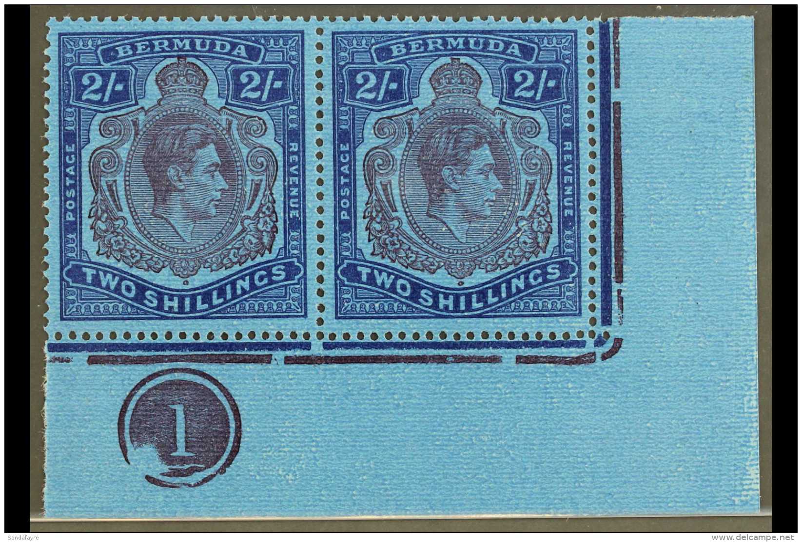 1938-53 2s Purple And Blue On Deep Blue, Ordinary Paper, A Horizontal Marginal Pair From The Lower Right Hand... - Bermudes
