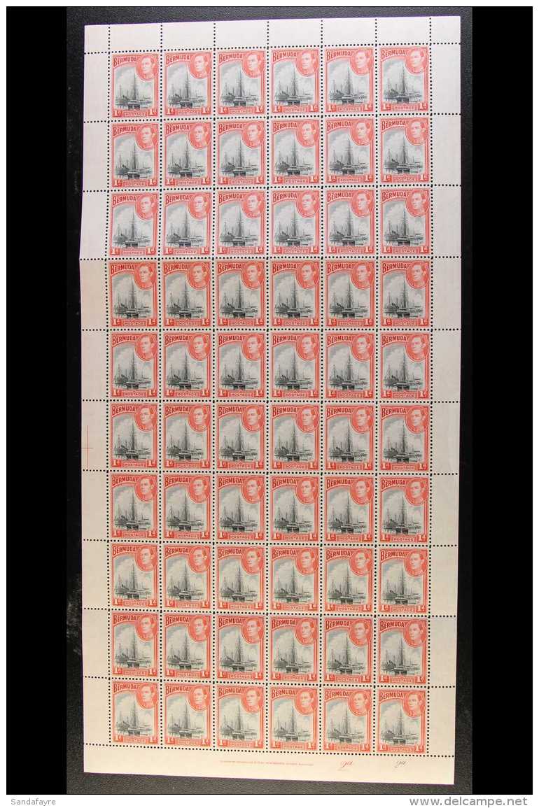 1938-52 KGVI COMPLETE SHEET 1d Black &amp; Red, SG 110, Plate/cylinder 2a/2a, Complete Sheet Of 60 Stamps (6 X... - Bermudes