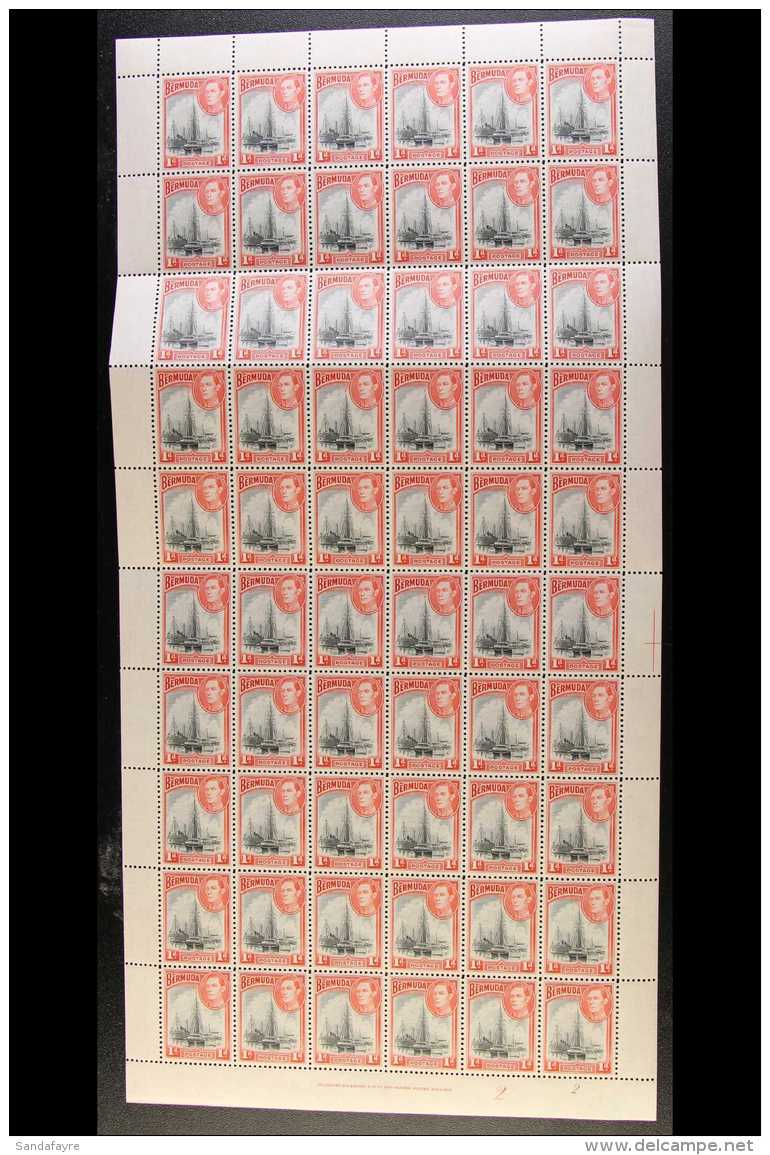 1938-52 KGVI COMPLETE SHEET 1d Black &amp; Red, SG 110, Plate/cylinder 2/2, Complete Sheet Of 60 Stamps (6 X 10),... - Bermudes