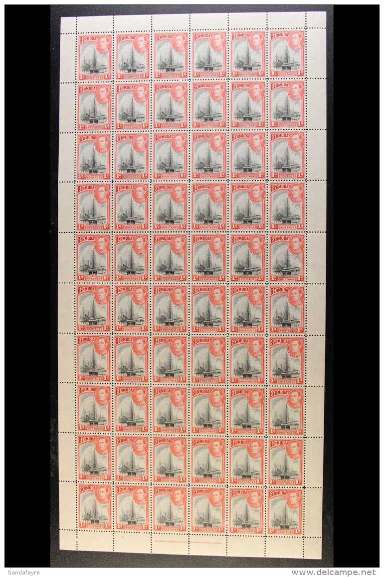 1938-52 KGVI COMPLETE SHEET 1d Black &amp; Red, SG 110, Complete Sheet Of 60 Stamps (6 X 10), Selvedge To All... - Bermuda