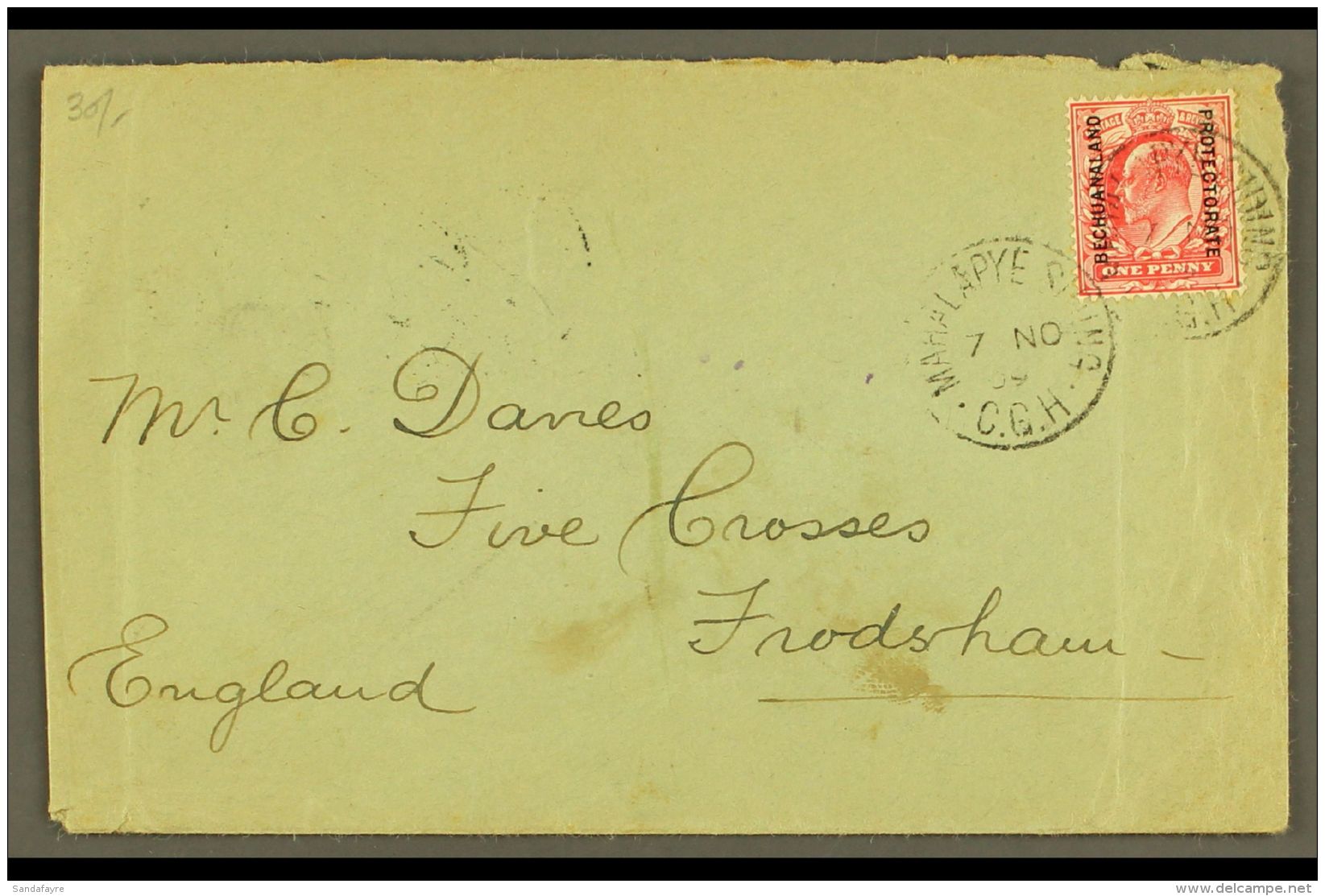 1909 USED IN CAPE OF GOOD HOPE. 1909 (7 Nov) Env To Frodsham, England Bearing Bechuanaland 1d Scarlet (SG 68) Tied... - Altri & Non Classificati