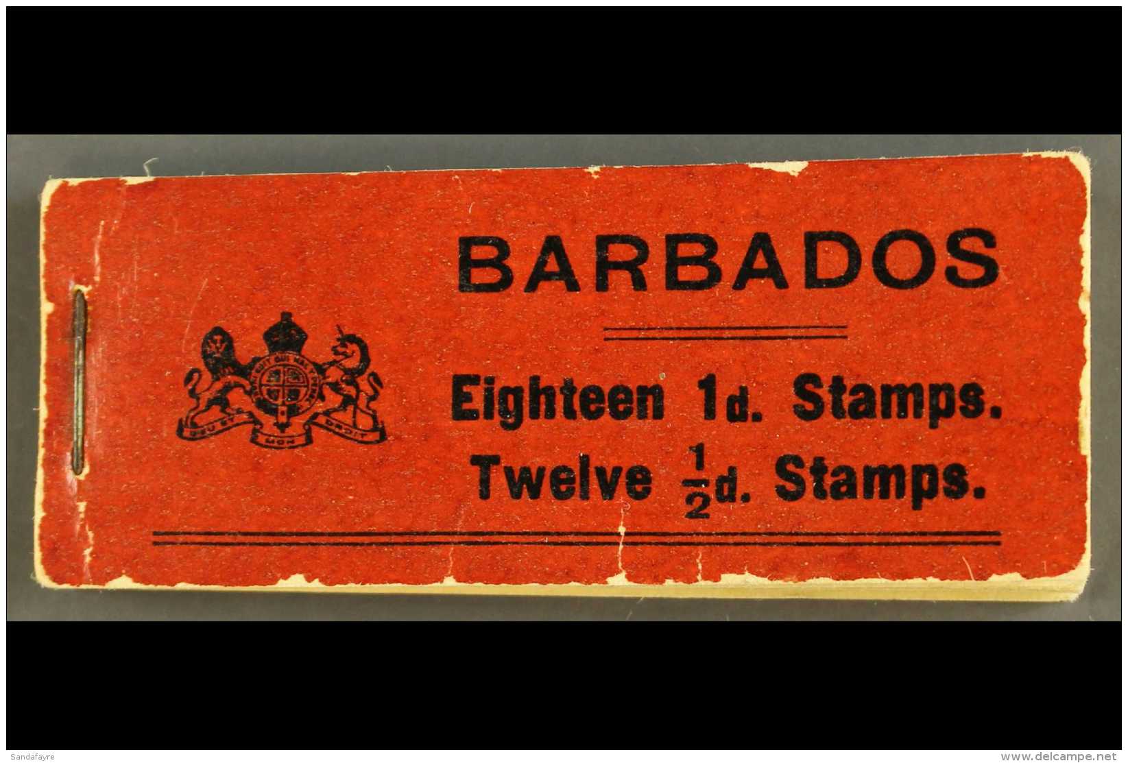 1916 BOOKLET. 1916 2s Black On Red Containing Twelve &frac12;d Stamps (one Missing) &amp; Eighteen 1d Stamps, SG... - Barbados (...-1966)