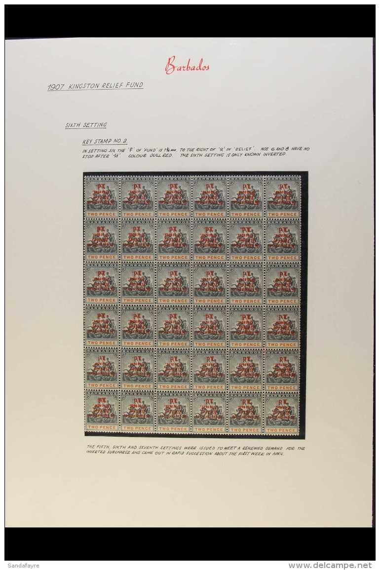 1907 KINGSTON RELIEF FUND SIXTH SETTING - Mostly Never Hinged Mint Part Pane Of 36 With No Stop After "1d" On... - Barbades (...-1966)