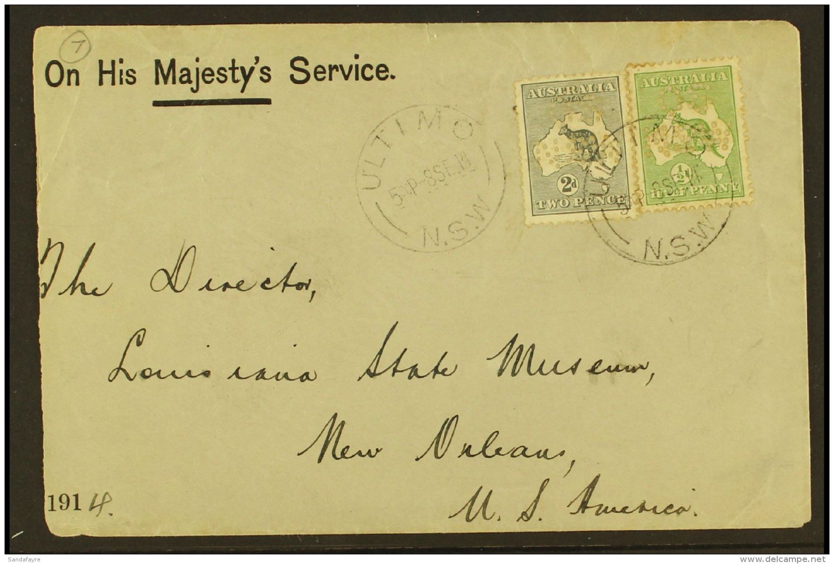 OFFICIALS ON COVER 1914 "OHMS" Cover To USA, Franked With &frac12;d &amp; 2d Roos Punctured "OS / NSW," Tied By... - Sonstige & Ohne Zuordnung