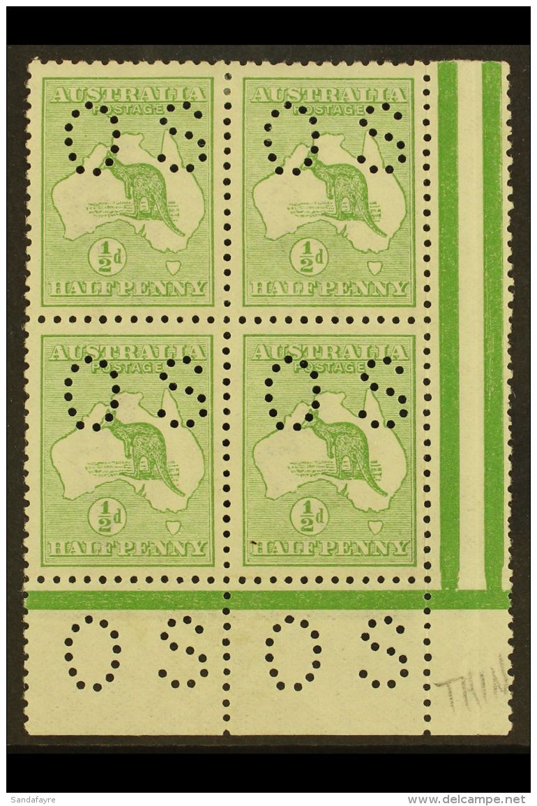 OFFICIALS 1913 &frac12;d Pale Green, Punctured "O S" (smaller Letters, SG Type O2), Corner Marginal Block Of 4, SG... - Autres & Non Classés