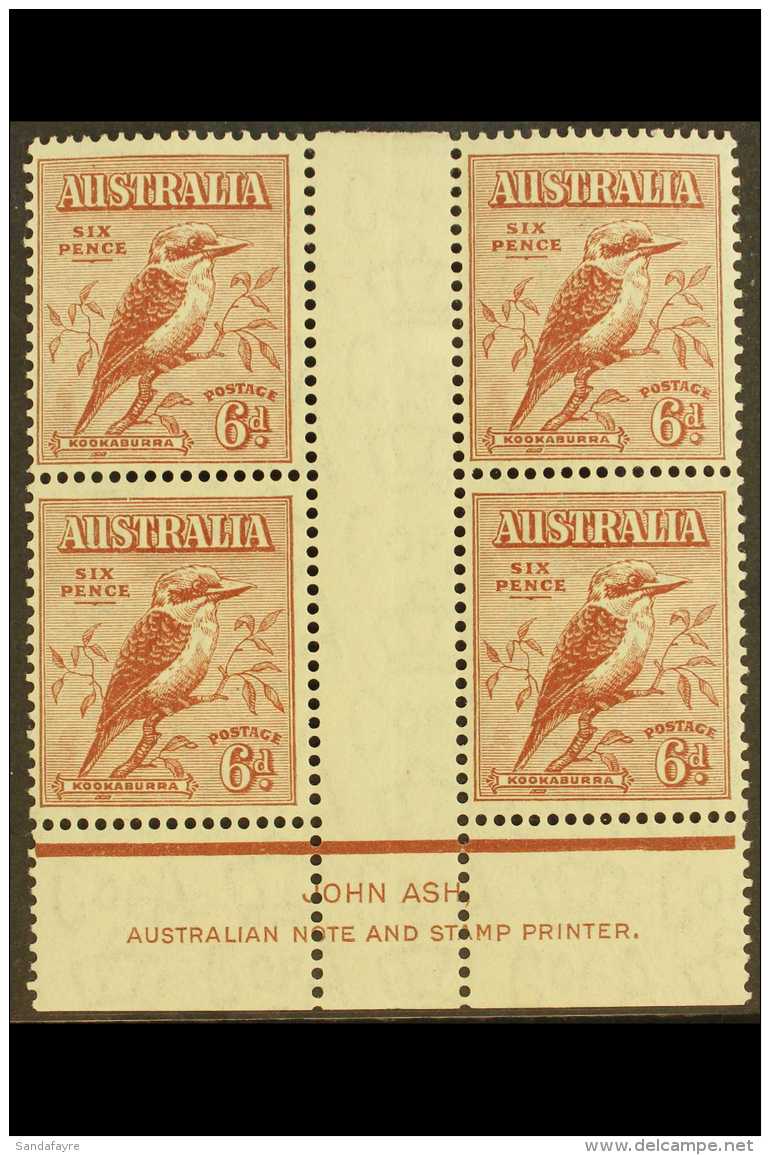 1932 6d Red Brown Kookaburra, SG 146, Gutter Block Of 4 With John Ash Imprint, Very Lightly Hinged Mint. For More... - Sonstige & Ohne Zuordnung