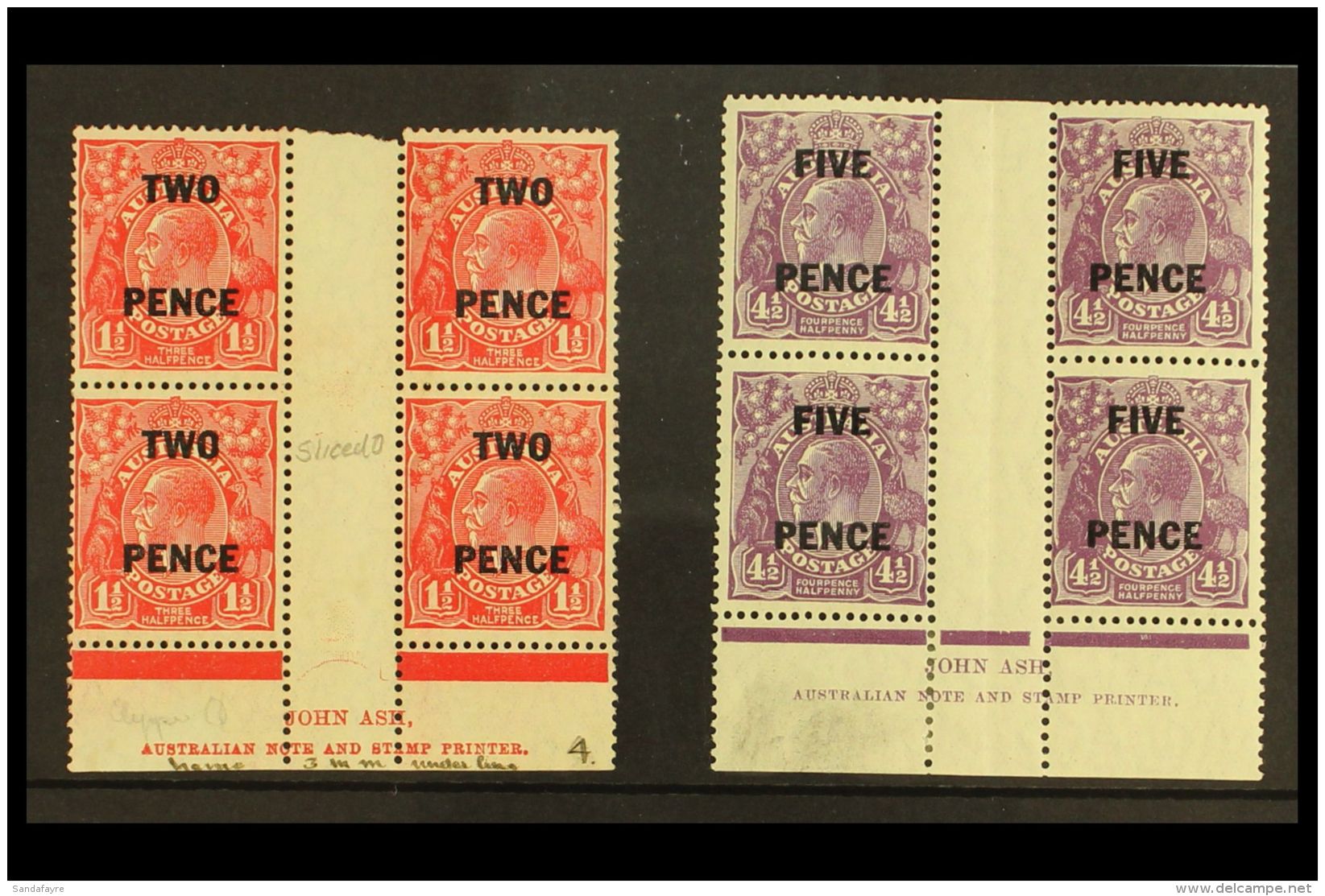 1930 2d On 1&frac12;d And 5d On 4&frac12;d Surcharges, SG 119/120, Both As JOHN ASH Imprint Blocks Of Four, Fine... - Altri & Non Classificati