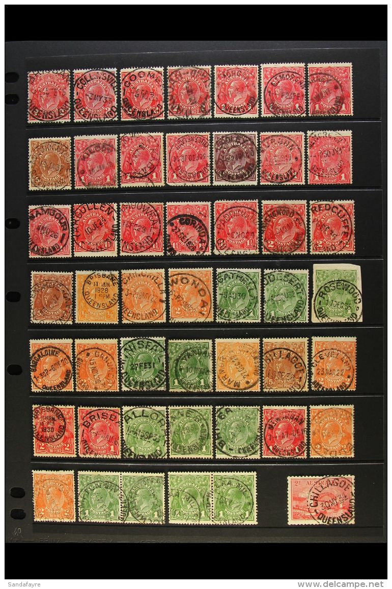 1910's-1930's QUEENSLAND POSTMARKS ON KGV HEAD ISSUES. An Interesting Collection Of Used Stamps Handpicked For... - Autres & Non Classés