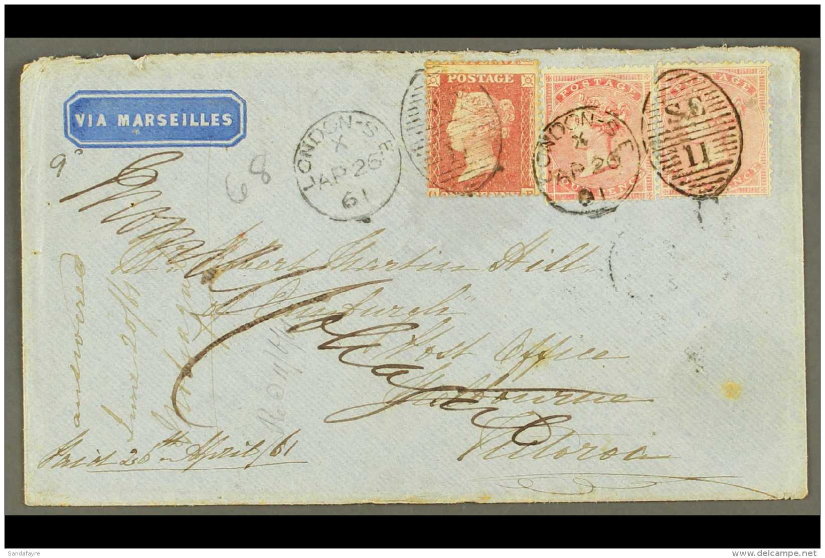 VICTORIA 1861 (26 Apr) Env From London To Melbourne Bearing A Pretty Franking Of GB 1d Rose-red &amp; 4d Rose X2... - Altri & Non Classificati