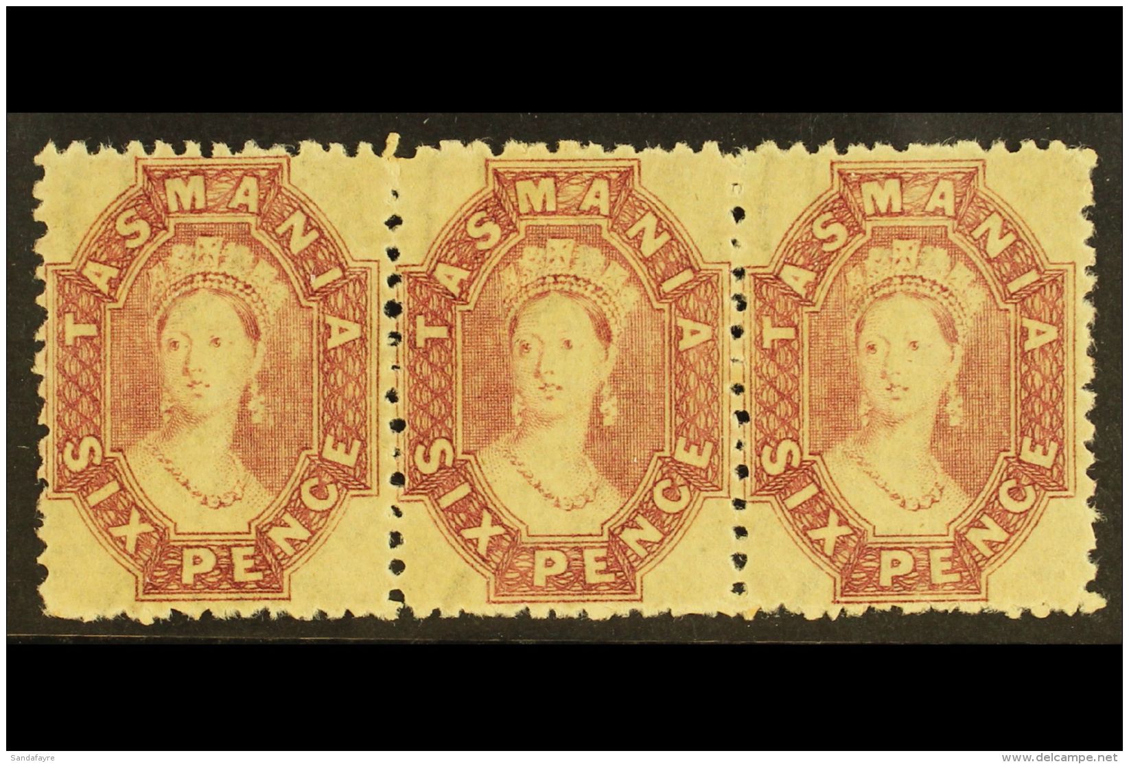 TASMANIA 1869 6d Reddish Mauve, Perf 12, Wmk Double Lined Numerals, SG 76, Superb Never Hinged Mint Strip Of 3.... - Altri & Non Classificati