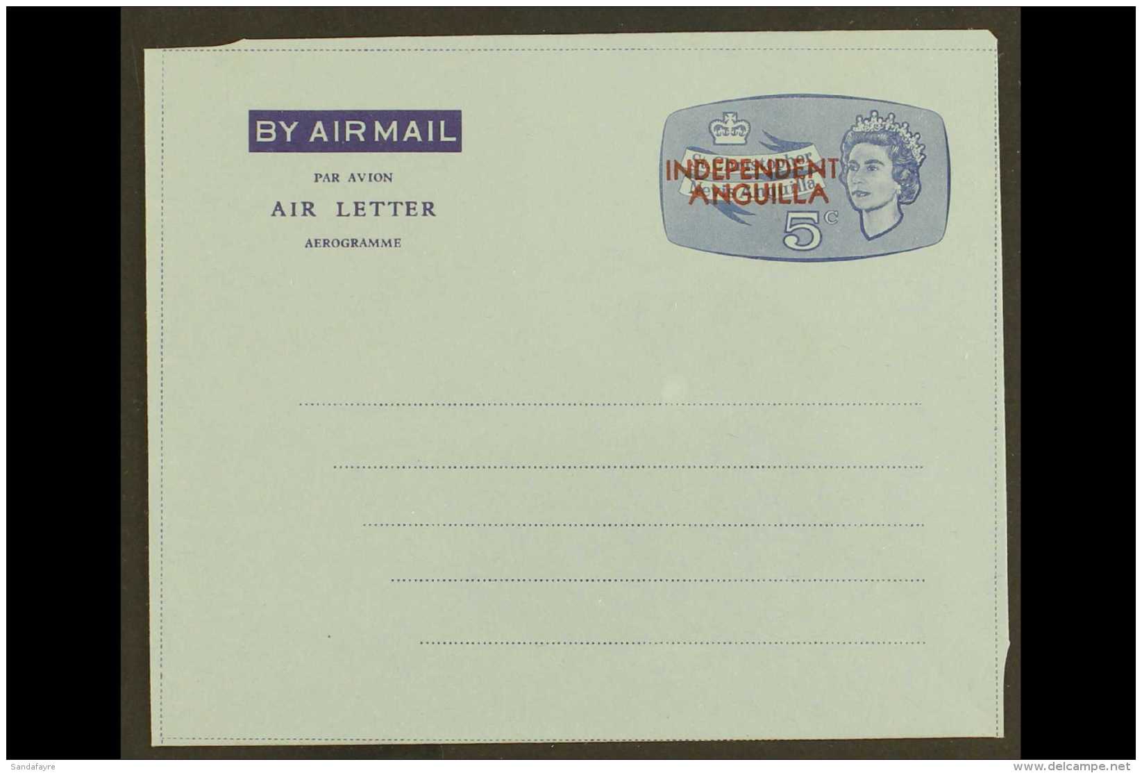 1967 5c Blue On Light Blue, Postal Stationery Air Letter, Overprinted "INDEPENDENT / ANGUILLA" In Red With... - Anguilla (1968-...)