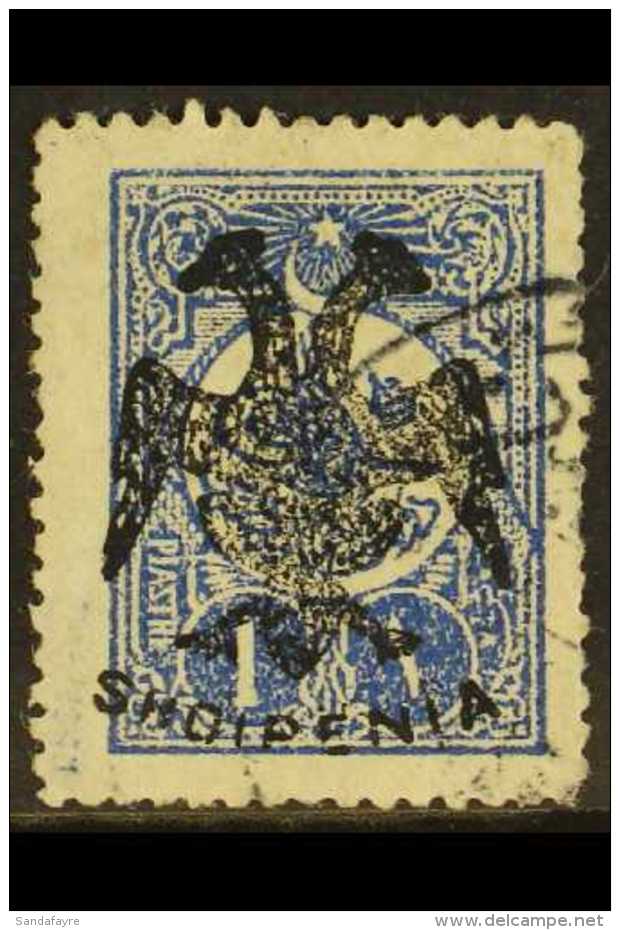 1913 1pi Ultramarine, Perf 12, With "Double Eagle" Handstamp, Michel 7 Or SG 7, Very Fine Used, Expertised DROESE... - Albania
