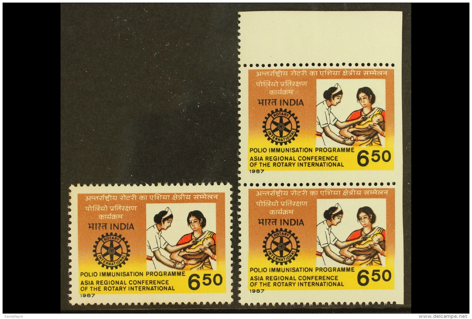 ROTARY INTERNATIONAL India 1987 6R50 Polio Vaccination (SG 1261) Imperf At Right Side, Vertical Pair Never Hinged... - Non Classés