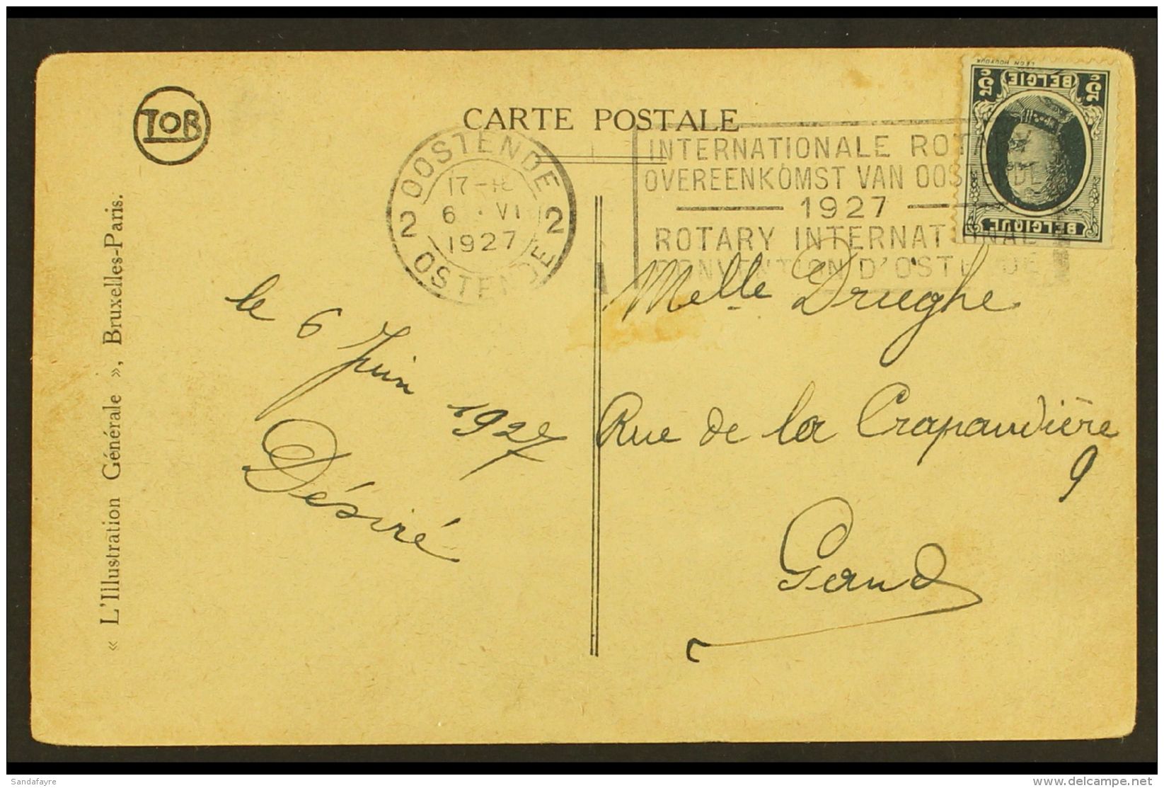 ROTARY INTERNATIONAL - FIRST POSTMARK CACHET 1927 Picture Postcard Of Ostende Bearing Belgian 5c Stamp Tied By... - Non Classés
