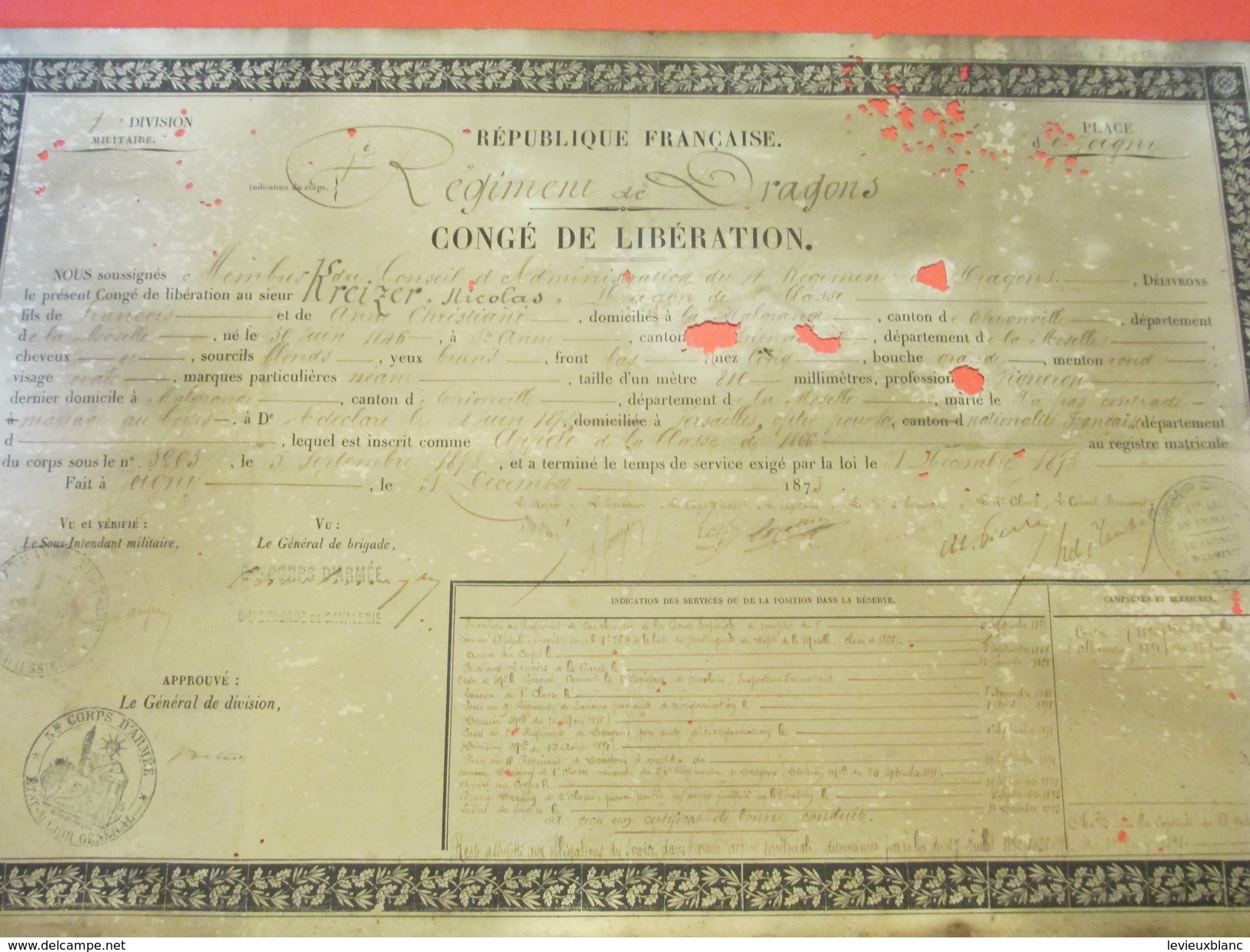 Diplôme/Congé De Libération/a Terminé Le Temps De Service Exigé Par La Loi//4éme Régiment De Dragon/KREIZER/1873  DIP158 - Diploma & School Reports