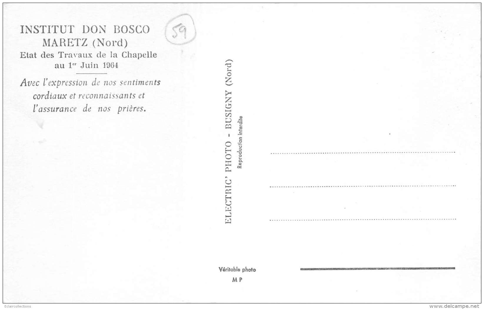 Maretz     59      Etat Des Travaux De La Chapelle Institut Don Bosco 1964     (voir Scan) - Otros & Sin Clasificación