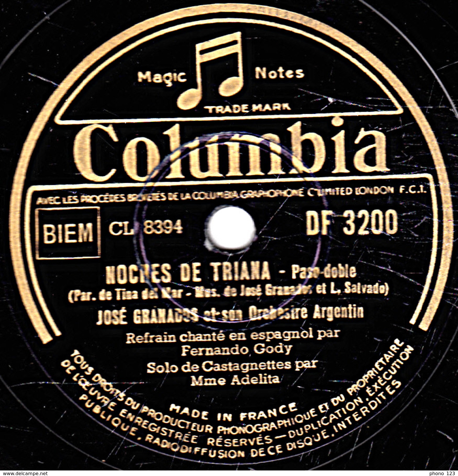 78 T. 25 Cm - état TB -  JOSE GRANADOS Solo De Castagnettes Par Mme Adelita - NOCHES DE TRIANA - MACARENA - 78 T - Disques Pour Gramophone