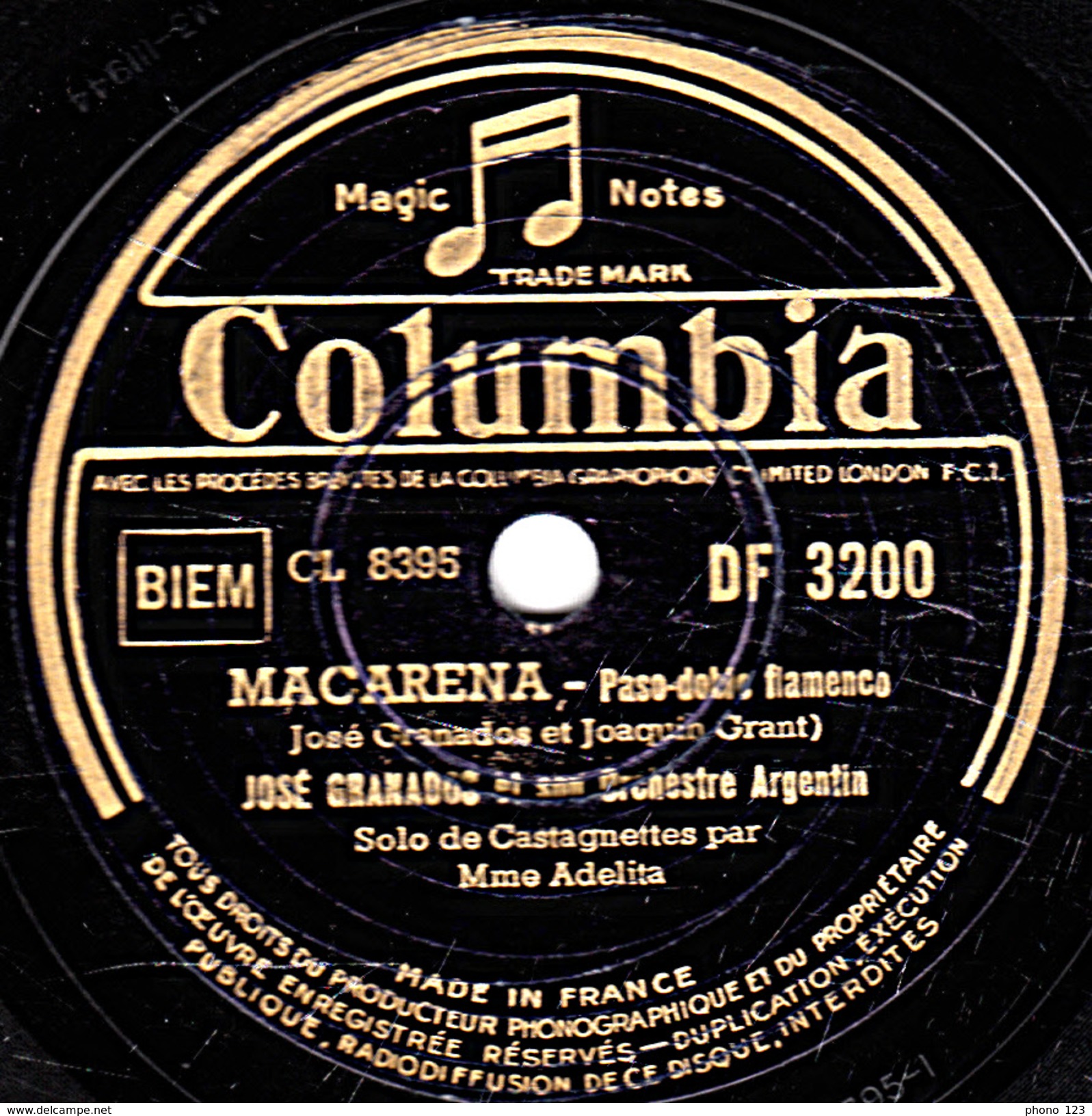 78 T. 25 Cm - état TB -  JOSE GRANADOS Solo De Castagnettes Par Mme Adelita - NOCHES DE TRIANA - MACARENA - 78 T - Disques Pour Gramophone