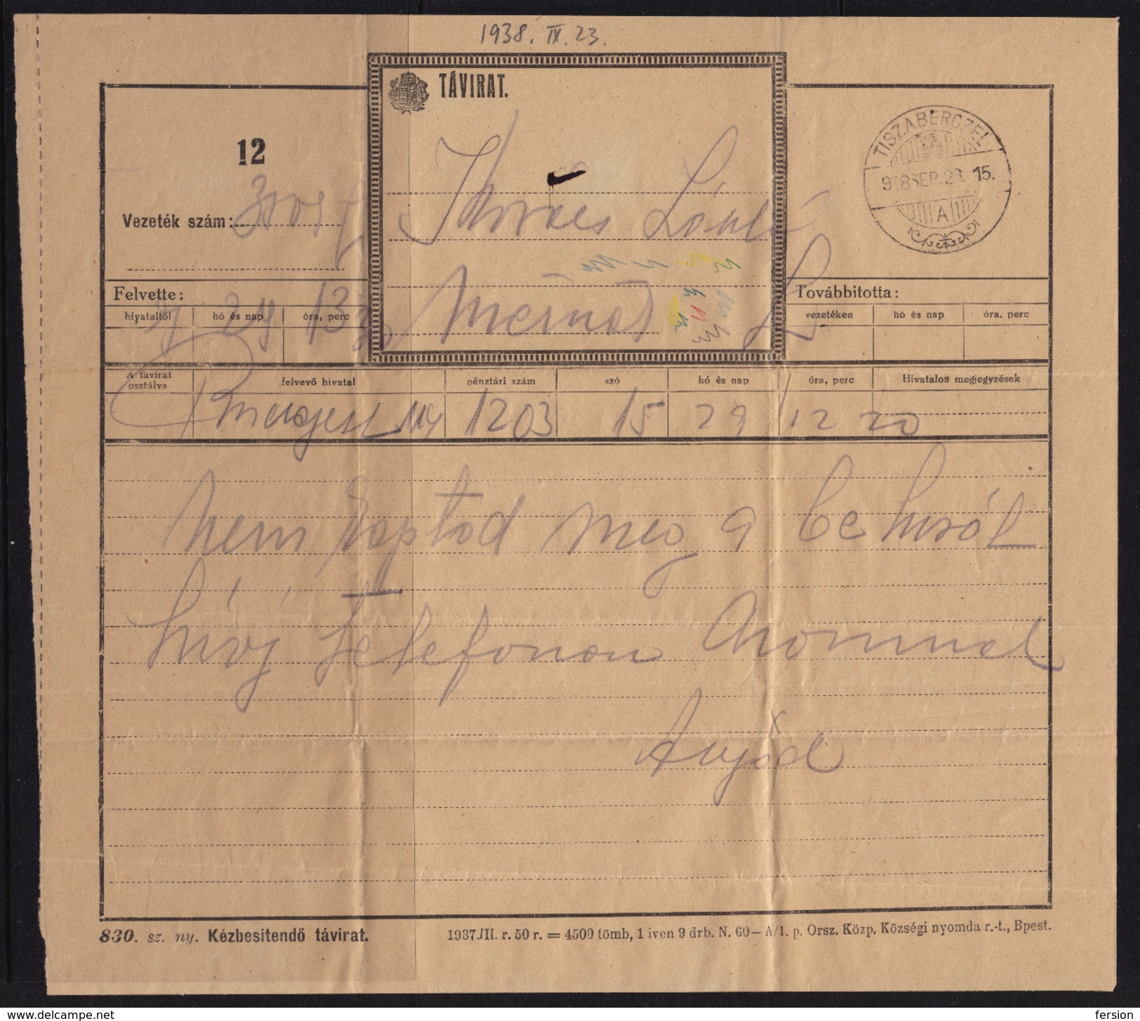 TELEGRAPH TELEGRAM 1938 Hungary - Tiszaberczel - Telegrafi