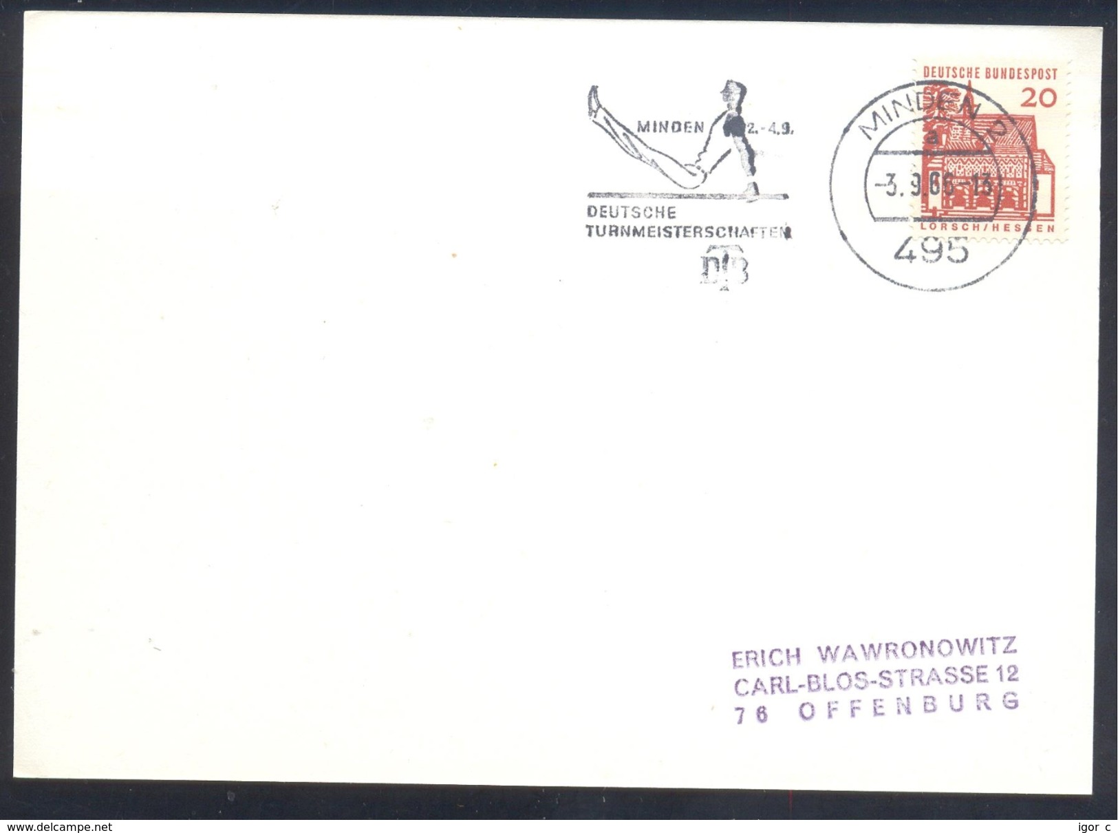 Germany Deustschland 1966 Card; Gymnastics Gymnastique Turnen; DTB Deutsche Turnmeisterschaften Minden Slogan - Gymnastics
