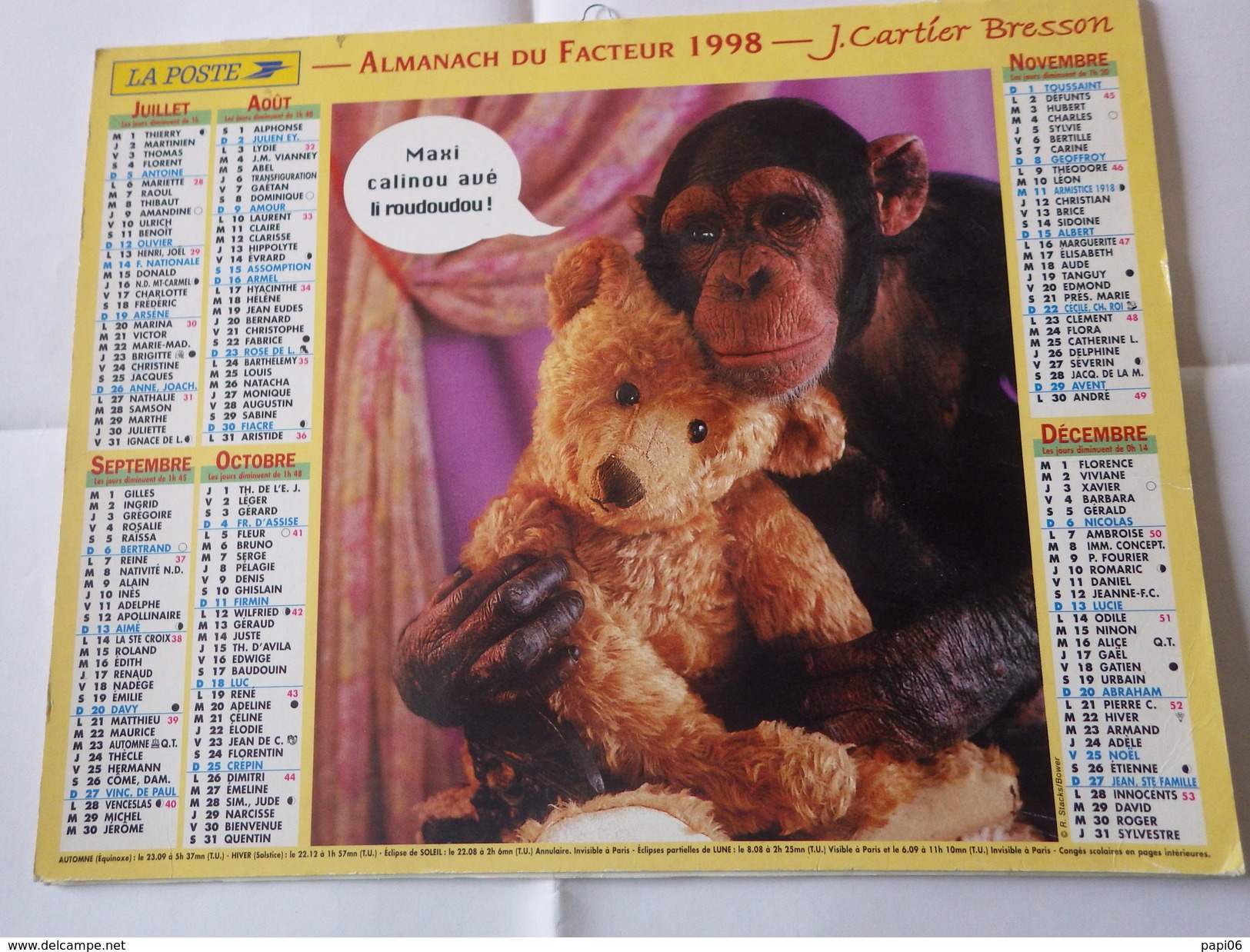 Almanach Du Facteur., J. Cartier Bresson . Chimpanzé Et Ourson En Peluche. Dép 06 - Grand Format : 1991-00