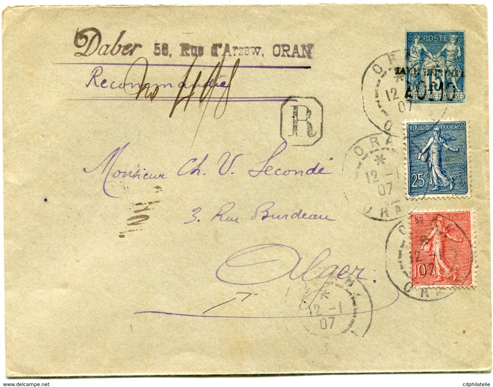 FRANCE ENTIER POSTAL RECOMMANDE AVEC AFFRANCHISSEMENT COMPLEMENTAIRE DEPART ORAN 12-1-07 POUR ALGER - Enveloppes Types Et TSC (avant 1995)