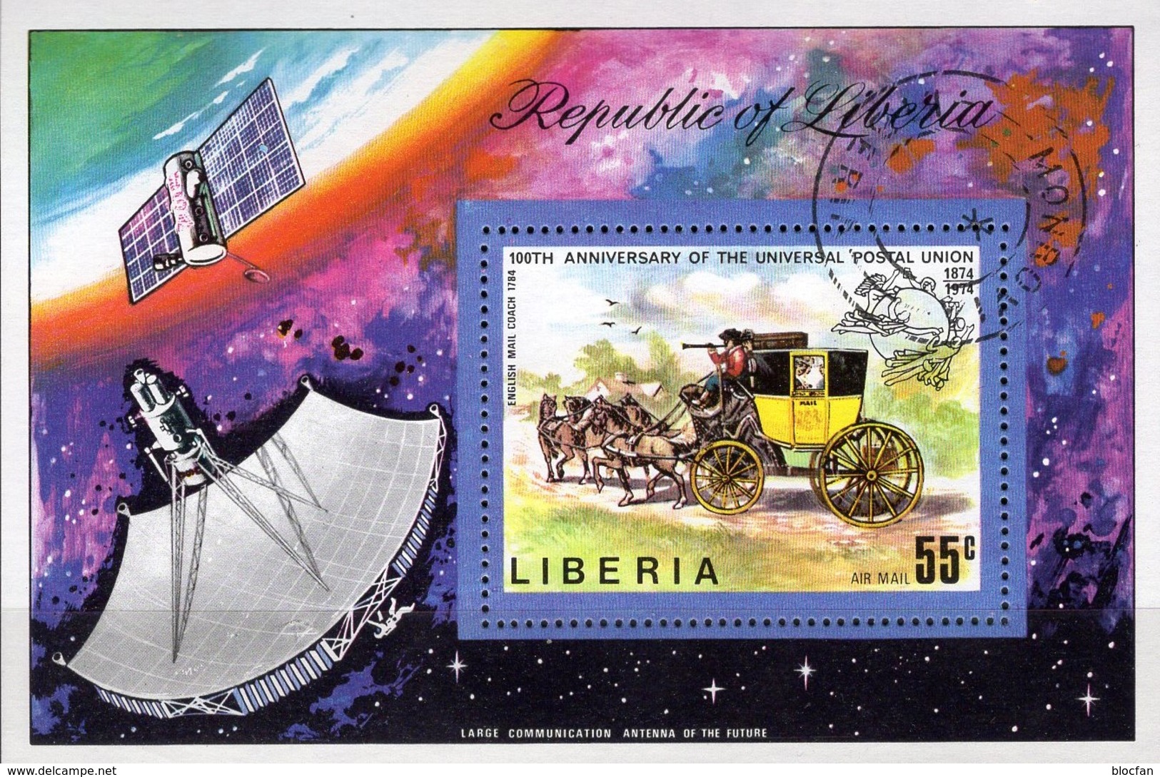 100 Jahre UPU 1974 Liberia Block 70 O 5&euro; Post-Kutsche Erde Satellit Bloque Hojas Space Bloc History Sheet Bf Africa - Liberia