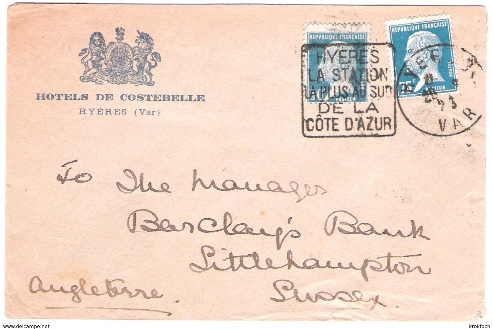 Hyères Var 1923 - Daguin Sur Pasteur - Cote D'Azur - Lettre Pour Littlehampton - Oblitérations Mécaniques (flammes)