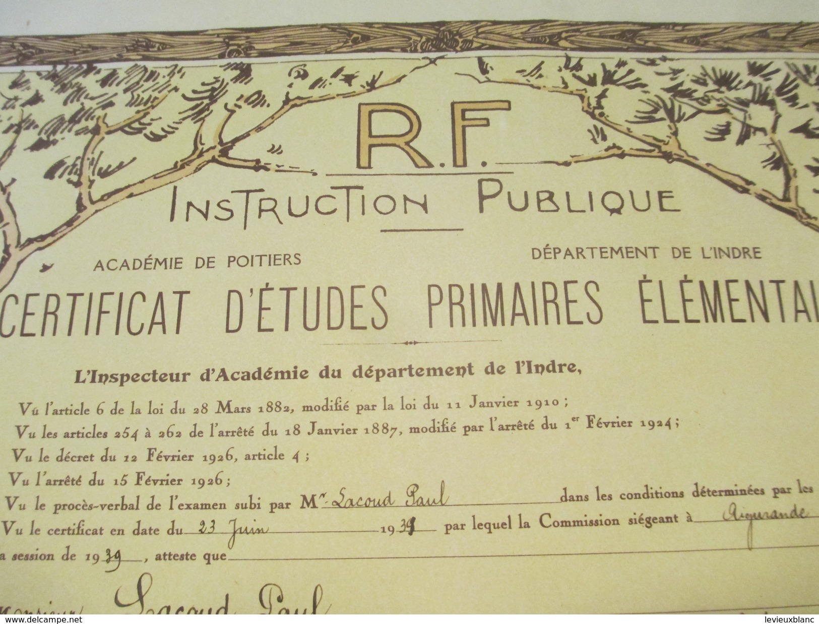 Diplôme/Certificat D'Etudes Primaires Elémentaires/Instruction Publique/Poitiers/Aigurande/Indre/LACOUD/1939      DIP163 - Diplome Und Schulzeugnisse