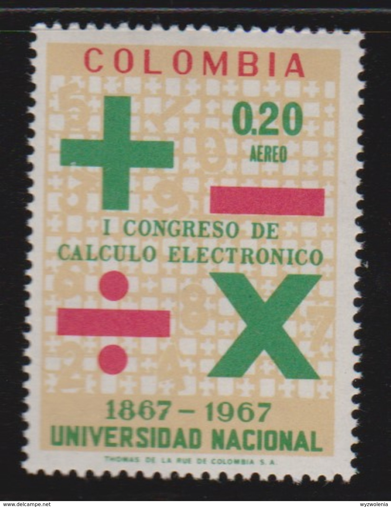 Mathematik 417) Kolumbien 1968 Mi# 1140 **: Datenverarbeitung, Addition Subtraktion Multiplikation Division Zeichen - Sonstige & Ohne Zuordnung
