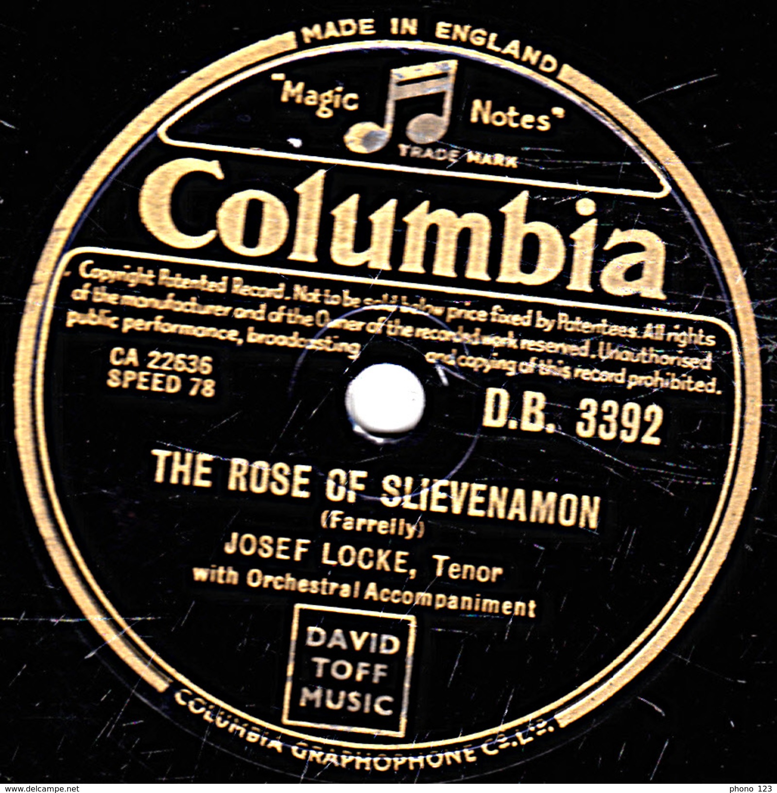 78 T. 25 Cm - état B - JOSEF LOCKETénor - THE ROSE OF SLIEVENAMON - THE BARD OF ARMAGH - 78 T - Disques Pour Gramophone