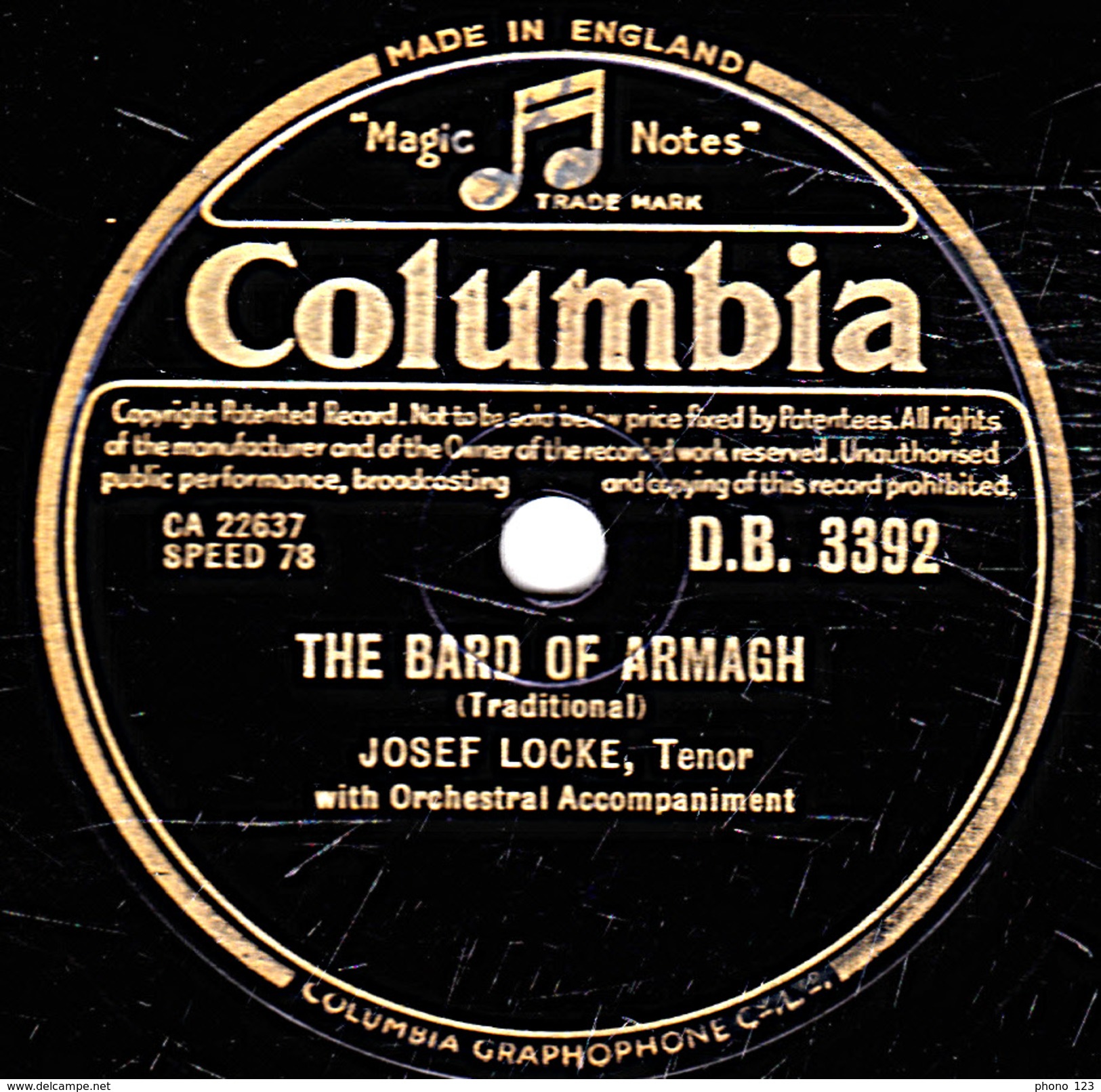 78 T. 25 Cm - état B - JOSEF LOCKETénor - THE ROSE OF SLIEVENAMON - THE BARD OF ARMAGH - 78 T - Disques Pour Gramophone